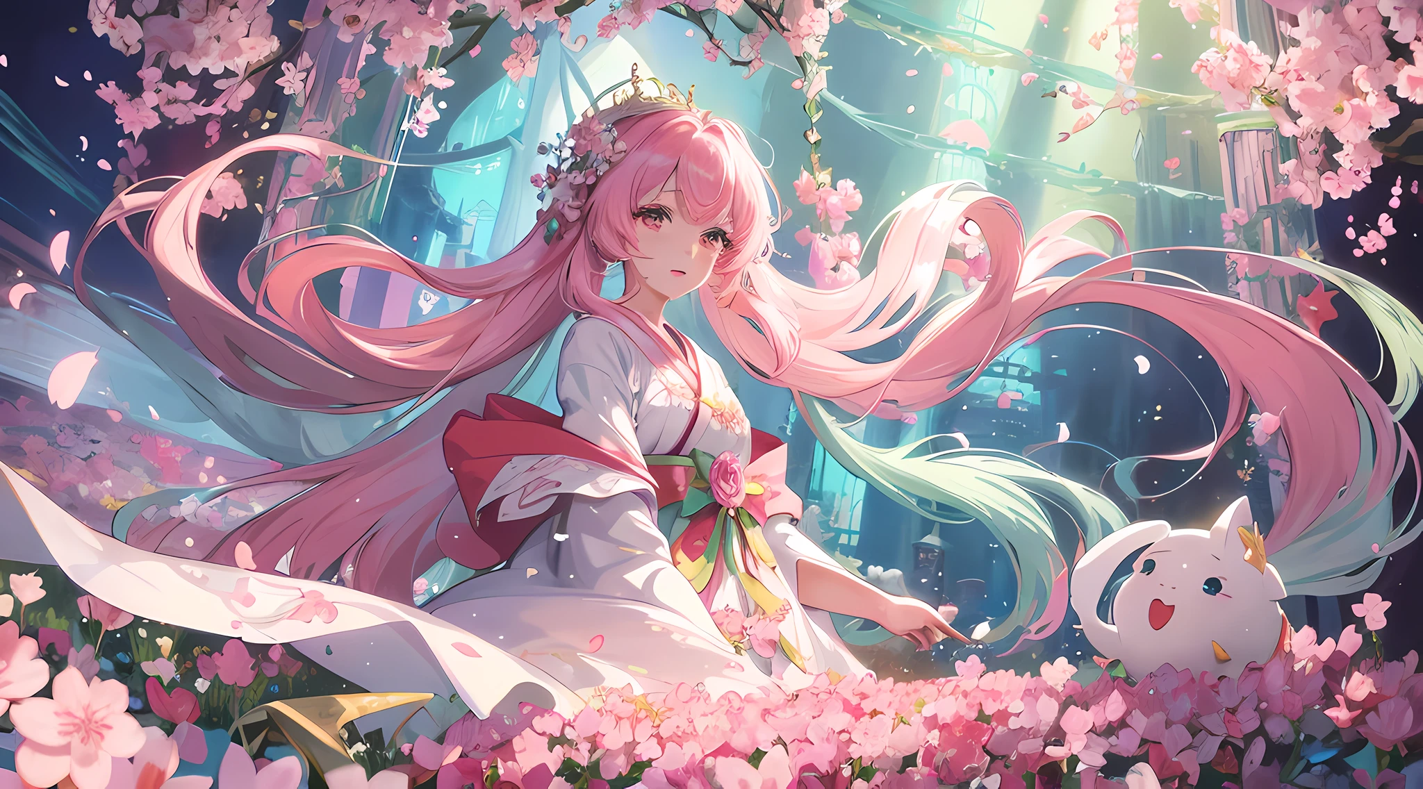 Anime girl in white dress sitting in flower field holding green light, ethereal anime, beautiful fantasy anime, flowing magic robe, flowing cherry blossom colored silk, ((beautiful fantasy queen)), palace, girl in hanbok, anime fantasy illustration, beautiful anime, flowing cherry blossom silk, anime key visual elegance, ethereal fairy tale, anime fantasy illustration, splash art anime loli, intricate gorgeous anime CGI style