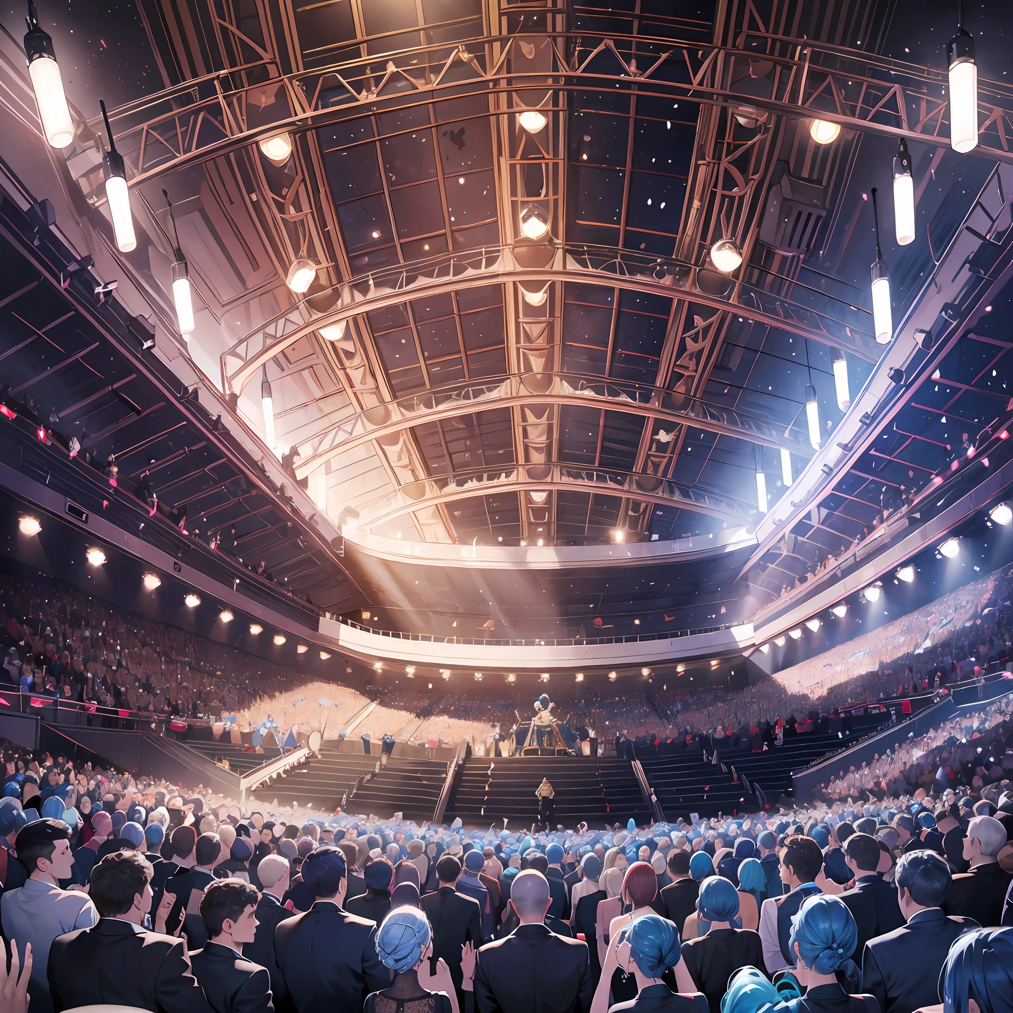 ((masterpiece)), (best quality), (detailed), (1girl), blue hair, blue eyes, updo, black dress, singing on stage, full audience and judges below, panorama, far view