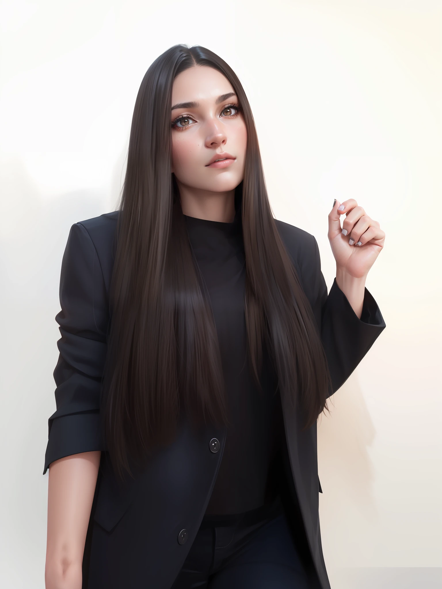 Ultra realistic woman, 4k, brown, long hair, black hair, black coat, cream-colored nails,