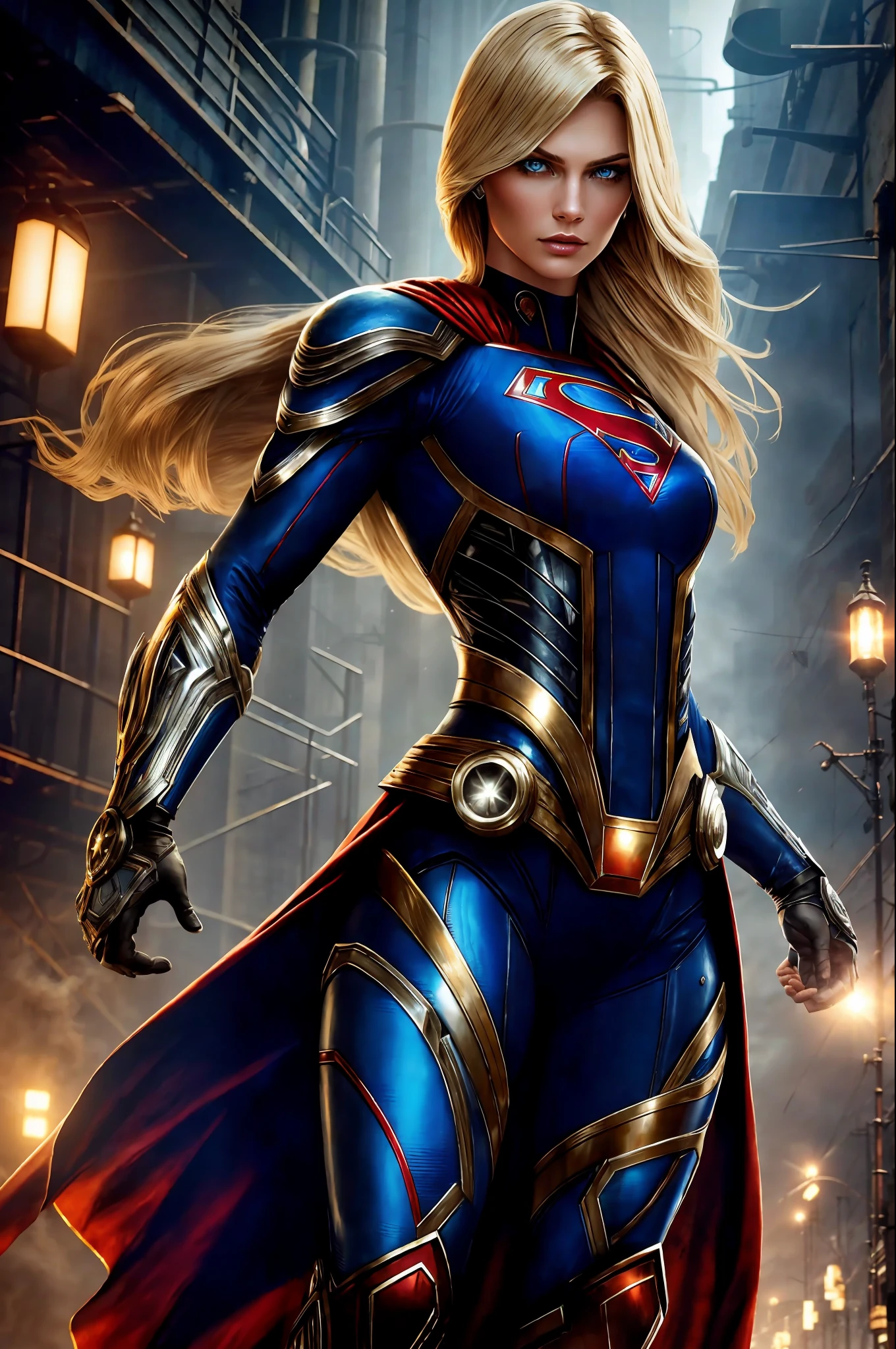 a beautiful cyborg Supergirl in the style of RustMagic, rise of cyberpunk, cyberware, cyborg, carbon fiber, chrome, implants, metal skull, cybernetic plate armor, (dark atmosphere: 1.2), (mist and smoke), (dark night: 1.3 ), scars, (shaggy blonde hair of medium length: 1.1), (shadow: 1.1), (beautifully detailed brightness: 1.2), (cinematic lighting), intricate details, highres, blue rounded eyes, detailed facial features, Sharp focus, smooth, aesthetic, detailed dark industrial factory background, elegant pose, dynamic pose, (dramapaint), (opt-6000: 0.9)