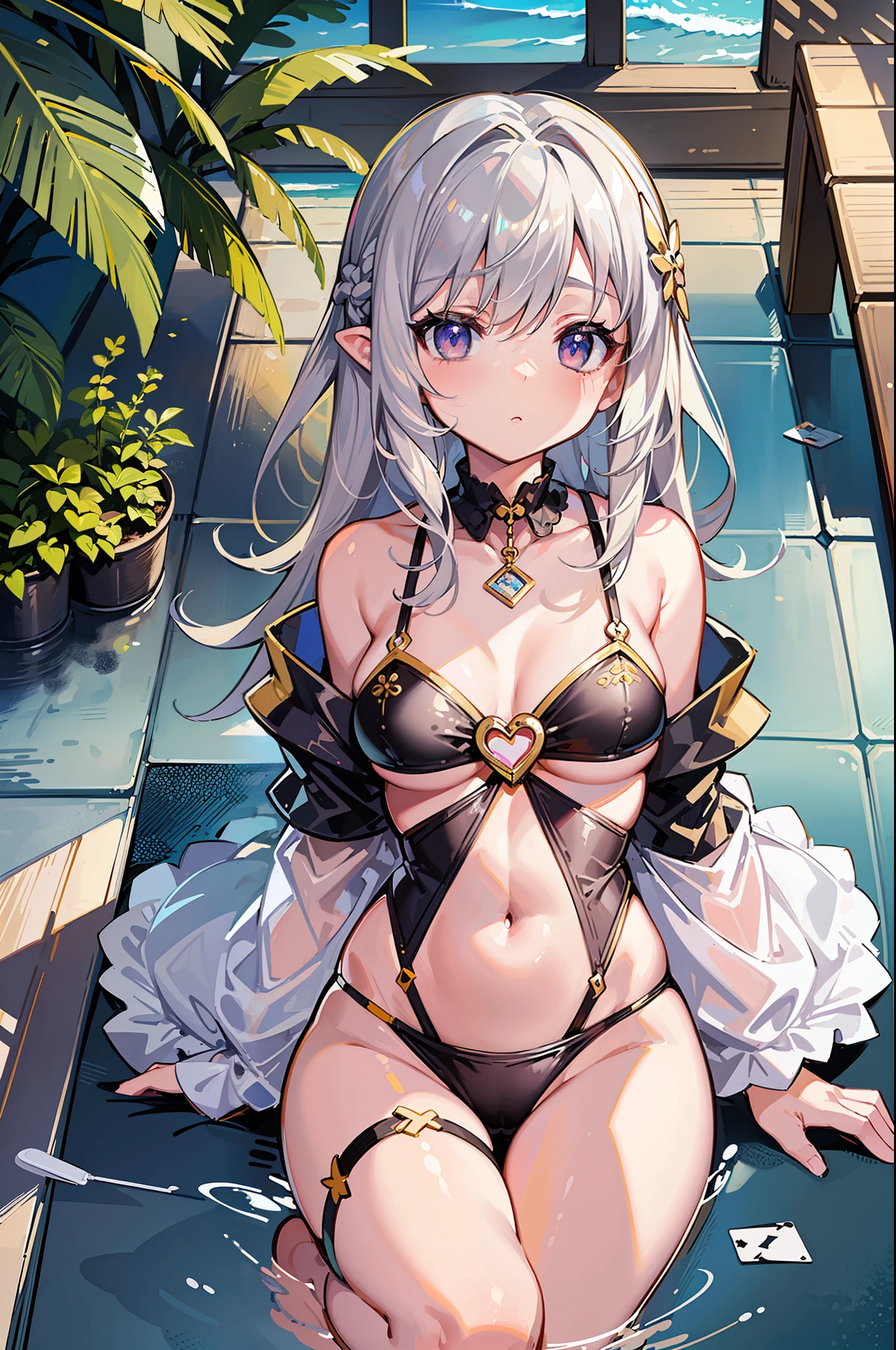 (MASTERPIECE), (Best Quality), (Ultra Detail), Official Art, One Girl, Silver-haired Loli, Petite Girl, White and Gold Swimsuit, Off Shoulder, Small, Small, Small, Cleavage, Underboob, Thigh Focus, Navel Out, Card Illustration, Beach