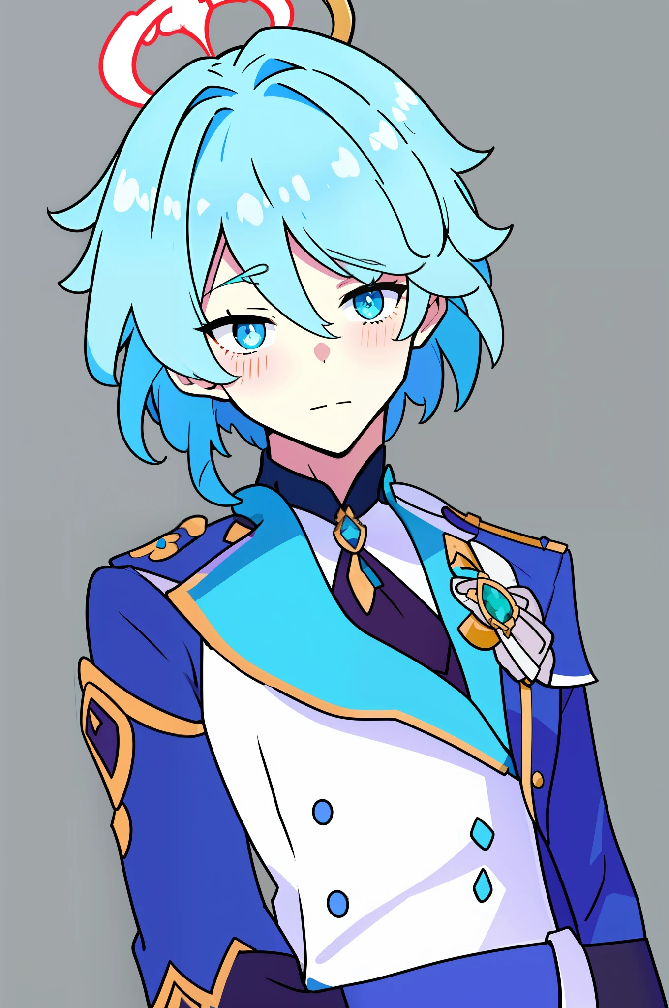 chibi, (best quality, masterpiece), young male, a man, blush, full_body, looking_at_viewer, off_shoulder, simple_background, solo, standing, white_background, (((best quality))),angel boy, feathers on the hair, angel wings, withe wings,male angel, curly short hair,hair on eyes, colorfull hair, aqua eyes, blue color palette, fantasy, genshin impact, magic crosier, flat chest, leather corset, halo, catholic priest