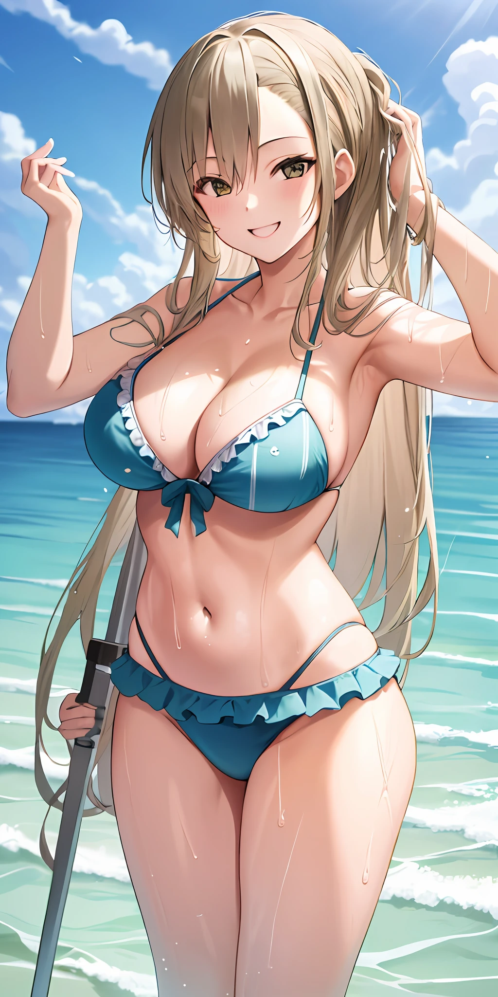 1girl, solo, asuna, long hair, large breasts, cleavage, thighs, (bikini), beach sea, (soaking wet:1.1), smiling, detailed hands