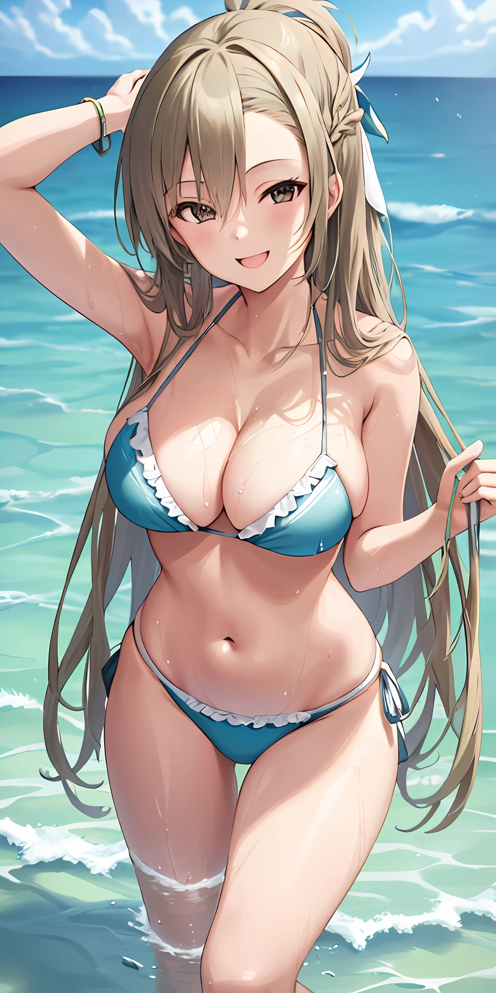 1girl, solo, asuna, long hair, large breasts, cleavage, thighs, (bikini), beach sea, (soaking wet:1.1), smiling, detailed hands