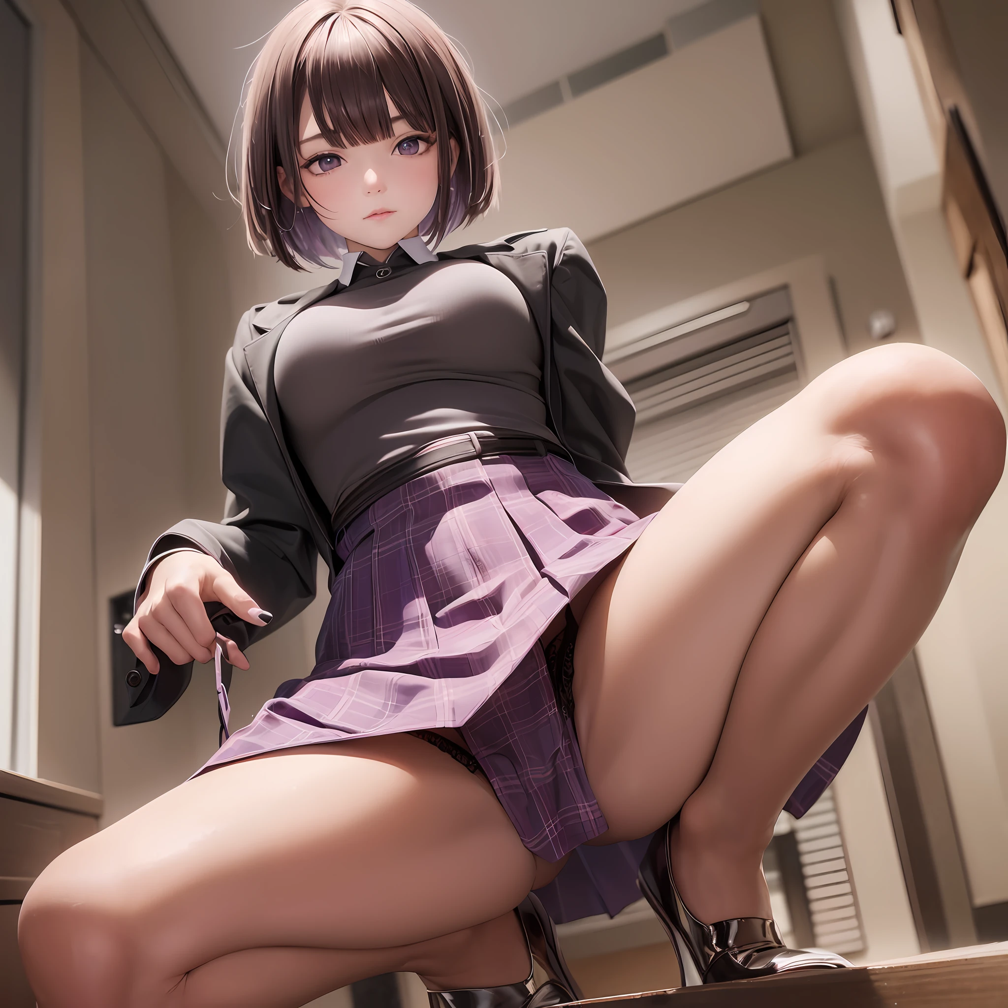 Masterpiece, Best Quality, High Resolution, Purple Eyes, Light Brown Bob Cut, High School Uniform, Mini Skirt, Pleated Skirt, Crotch Open Squat, Dress Lift: 2,Show Off Pink String Panties,Look Down,Close Up,Angle from Right Below --auto --s2