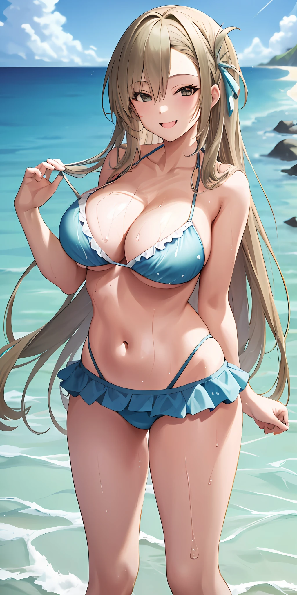 1girl, solo, asuna, long hair, large breasts, cleavage, thighs, (bikini), beach sea, (soaking wet:1.1), smiling, detailed hands