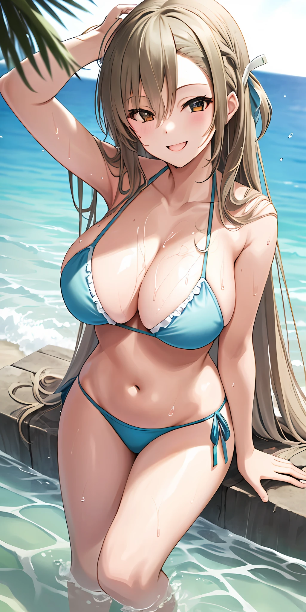 1girl, solo, asuna, long hair, large breasts, cleavage, thighs, (bikini), beach sea, (soaking wet:1.1), smiling, detailed hands