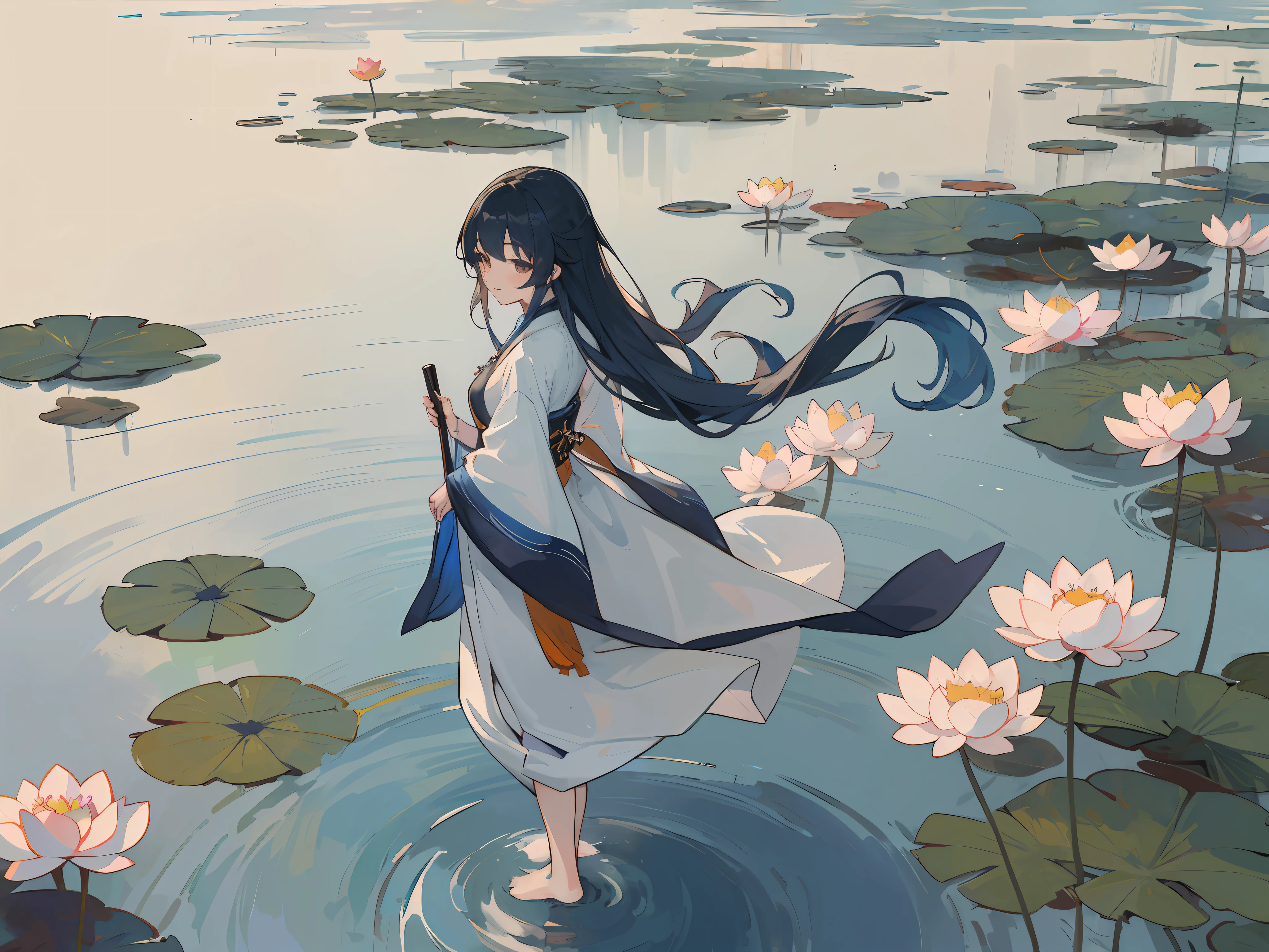 ((4k,masterpiece,best quality)), shuimobysim, traditional chinese ink painting, lotus, hanfu, maxiskit, dress conservatively 1girl, solo, long blue hair, smile, standing, feet in the water, barefoot,