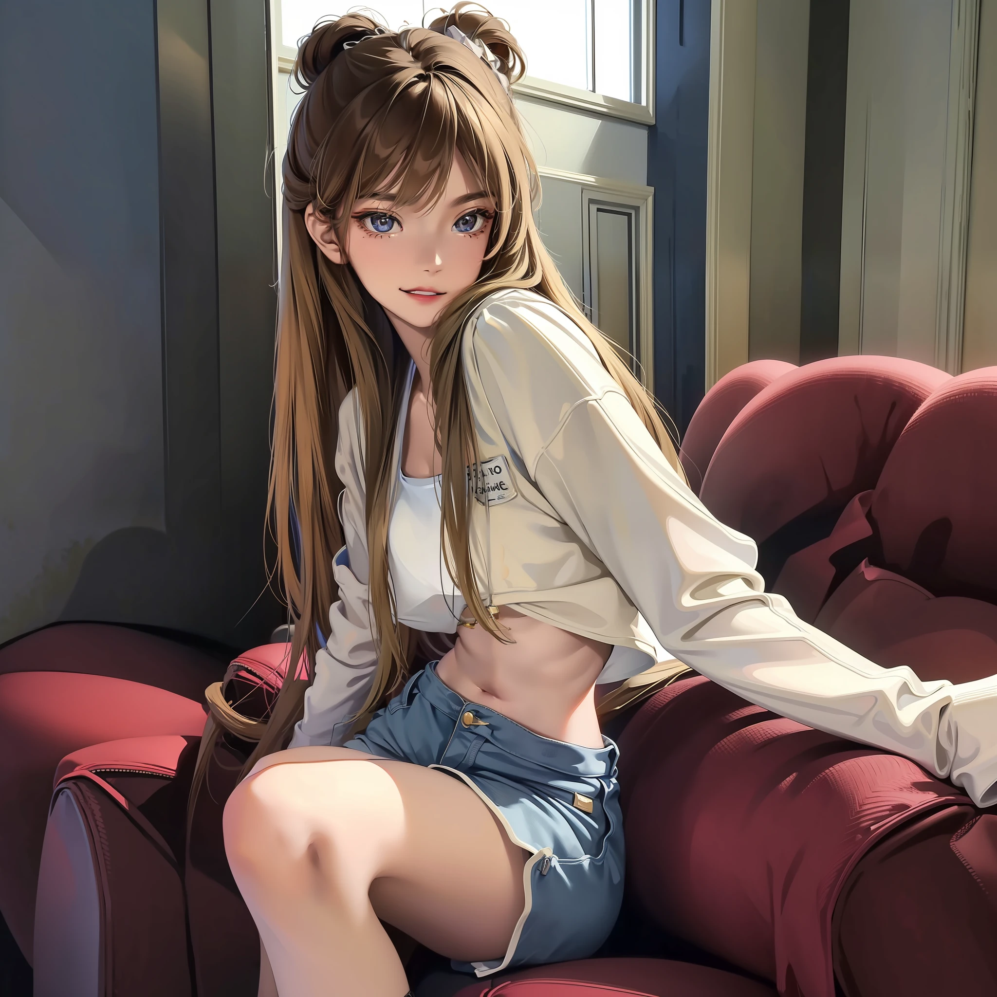 there is a girl happily sitting on the steps of a staircase of a rural building, brunette-dark brown wavy hair tied up in a messy bun, amber eyes, white designed crop top with dark blue jacket, brown shorts, knee high socks, beige sneakers, grunge outfit, vibrant colors, aesthetic, e-girl, modern era, slight gap between two front teeth, long eyelashes, slightly glossy lips, faint eyeshadow, eyeliner, slight blush, alluring look, twenty year old girl, young adult girl, slight rebellious vibes, calming are, trees and bustling city in the foreground, smiling fully, suburban area, rural, suburbs, quiant little area, 1girl, solo, masterpiece, incredibly detailed, great in-depth detailing, high grade artwork, 4k resolution, soft and warm lighting, calming and soothing, comforting, small and slender face shape, incredibly hot and irresistable, overall hot, anime art style, anime girl, young adult face, adult features, lean physique, incredibly large buttocks, big alluring lips,, very hot girl with alluring aura and flirty smile, soft pastel colors, realistic, real life, 8k