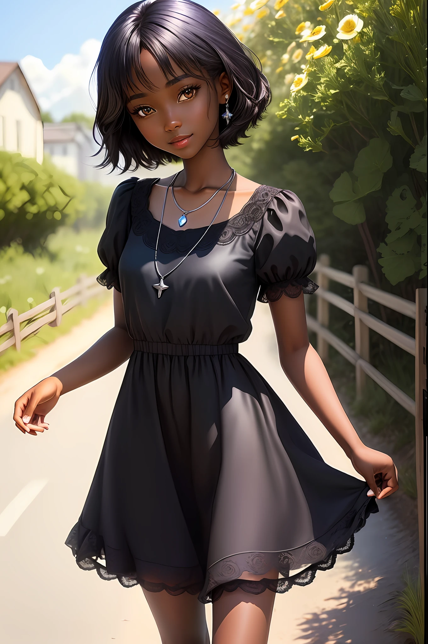 masterpiece, best quality, realistic, real, temptation light smile, best quality, beautiful black (young 1girl), (detailed cute face+eyes), aqua iris, detailed short black medium hair, real hair movement, simple purple dress, simple silver necklace, walking on blooming meadow, sunny day, cinematic lighting, photorealistic, sharp focus, wide angle, pov face