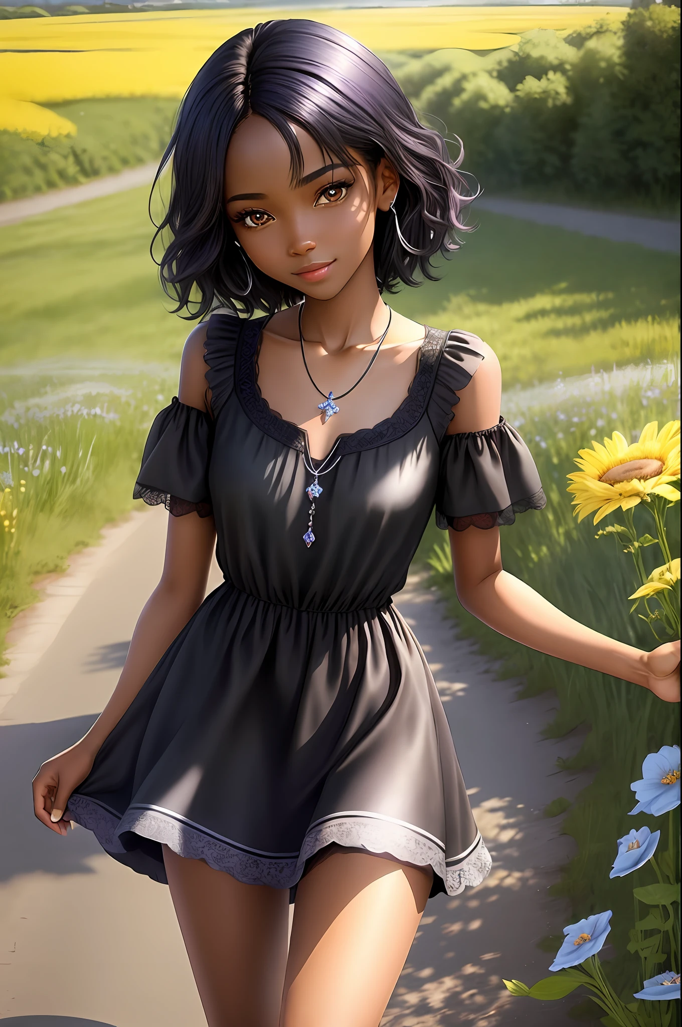 masterpiece, best quality, realistic, real, temptation light smile, best quality, beautiful black (young 1girl), (detailed cute face+eyes), aqua iris, detailed short black medium hair, real hair movement, simple purple dress, simple silver necklace, walking on blooming meadow, sunny day, cinematic lighting, photorealistic, sharp focus, wide angle, pov face