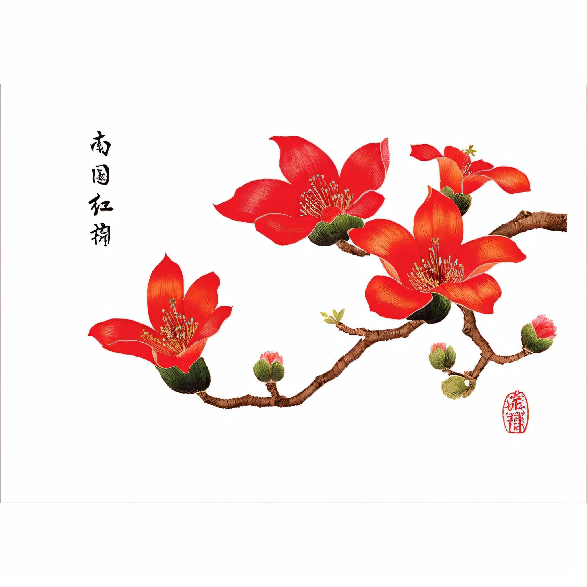 Kapok, close-up of flowers on branches, plum blossoms, inspired by Xie Shichen, Zhongyuan Festival, Chinese style painting, inspired by Cui Bai, Chinese ghost festival, Chinese painting style, inspired by Zhang Daqian, inspired by Xu Xi, inspired by Puhua