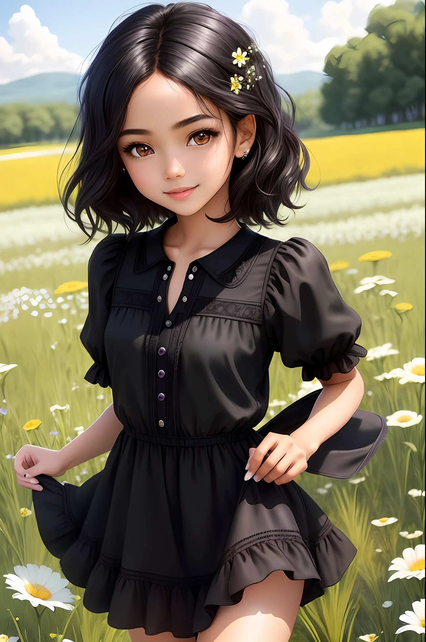 masterpiece, best quality, realistic, real, temptation light smile, best quality, beautiful black and white ((a mix race)), (young 1girl), (detailed cute face+eyes), aqua iris, detailed short black medium hair, real hair movement, simple purple dress, walking on blooming meadow, sunny day, cinematic lighting, photorealistic, sharp focus, wide angle, pov face