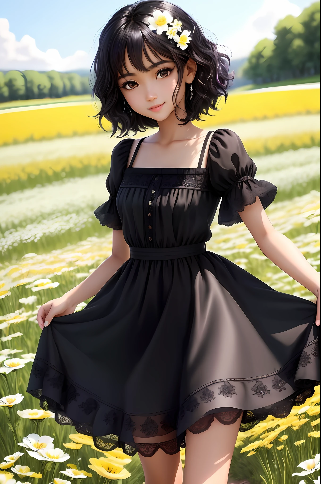 masterpiece, best quality, realistic, real, temptation light smile, best quality, beautiful black and white ((a mix race)), (young 1girl), (detailed cute face+eyes), aqua iris, detailed short black medium hair, real hair movement, simple purple dress, walking on blooming meadow, sunny day, cinematic lighting, photorealistic, sharp focus, wide angle, pov face