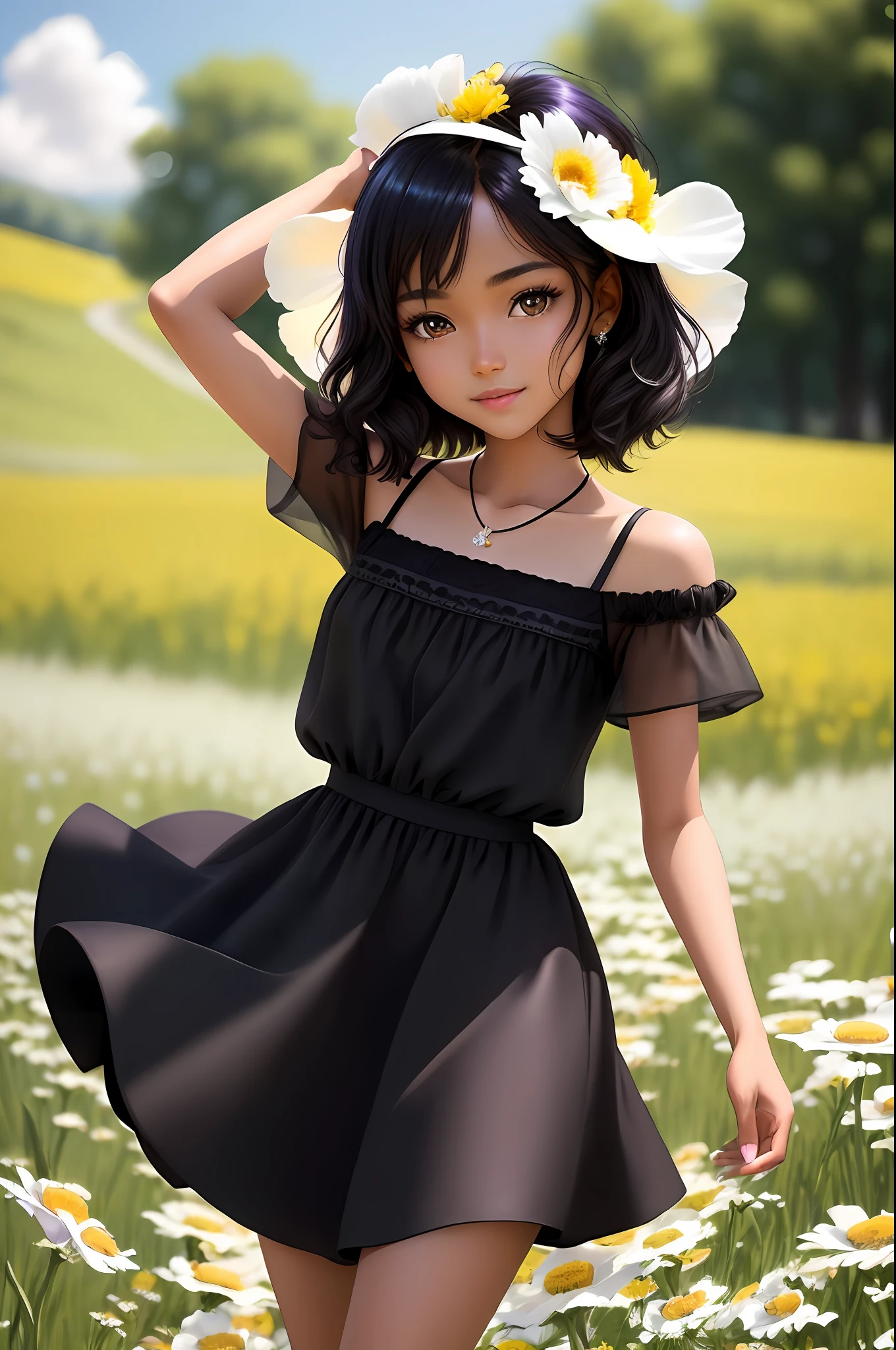 masterpiece, best quality, realistic, real, temptation light smile, best quality, beautiful black and white ((a mix race)),  (young 1girl), (detailed cute face+eyes), aqua iris, detailed short black medium hair, real hair movement, simple purple dress, walking on blooming meadow, sunny day, cinematic lighting, photorealistic, sharp focus, wide angle, pov face