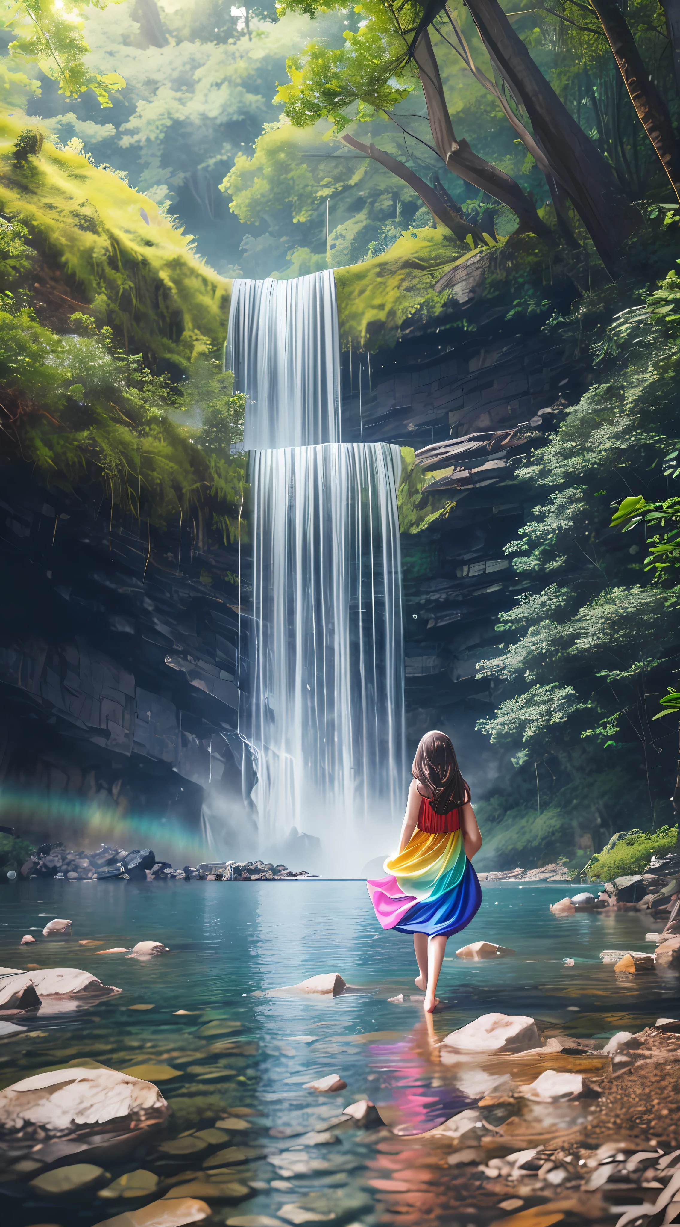 1girl, girl with very small proportions, wearing colorful dress, big waterfall, walking under the waterfall, back to the audience, ethereal beauty, full body, (rainbow: 1.5), character scale only 1/8, lake surface, ((large grove)), Tyndall rays, realism, cinematic lighting, ray tracing, optical illusion, lens flare, 120mm, f/1.2, Sony FE GM, Ultra HD, Retina, Masterpiece, ((Best Quality)), ((Masterpiece)), (Very detailed: 1.3)