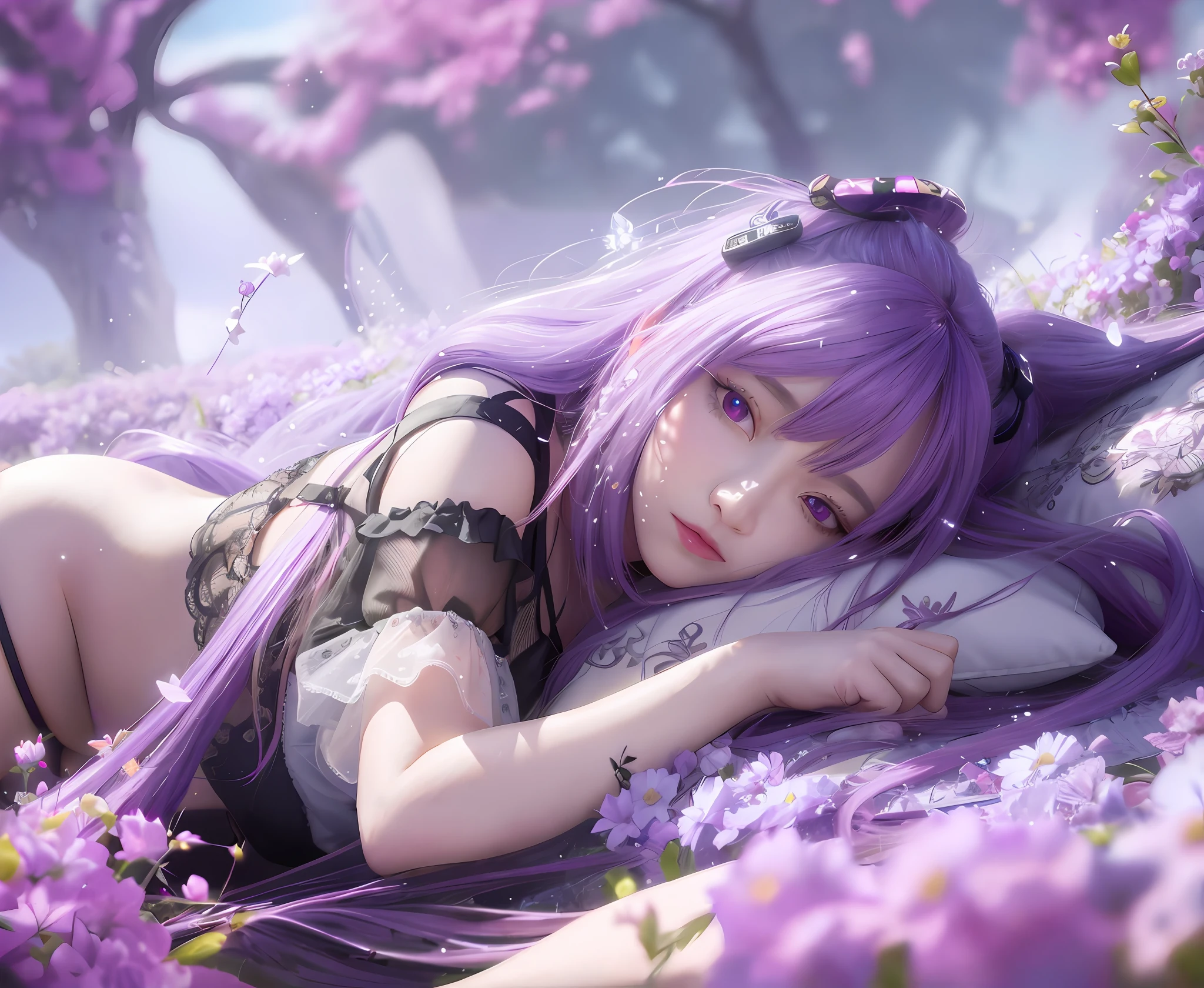 purple haired girl laying on a bed of flowers with her eyes closed, artwork in the style of guweiz, guweiz, guweiz on artstation pixiv, guweiz on pixiv artstation, anime style. 8k, anime style 4 k, beautiful fantasy anime, trending on cgstation, purple aethetic, smooth anime cg art