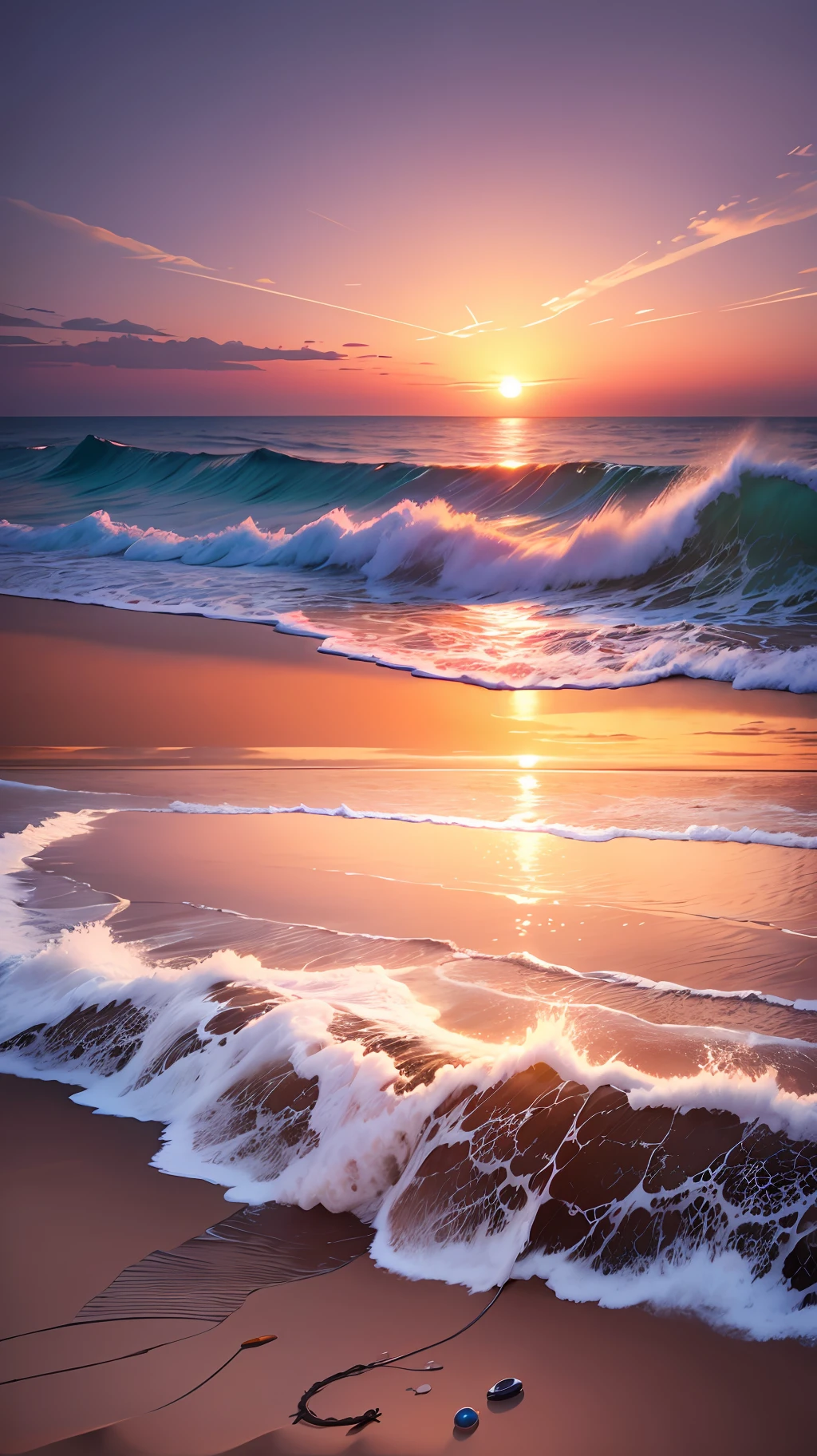 Sunset, beach, ocean, landscape, high detail, surrealist style, photographic rendering, ultra-realistic, 8K --auto --s2