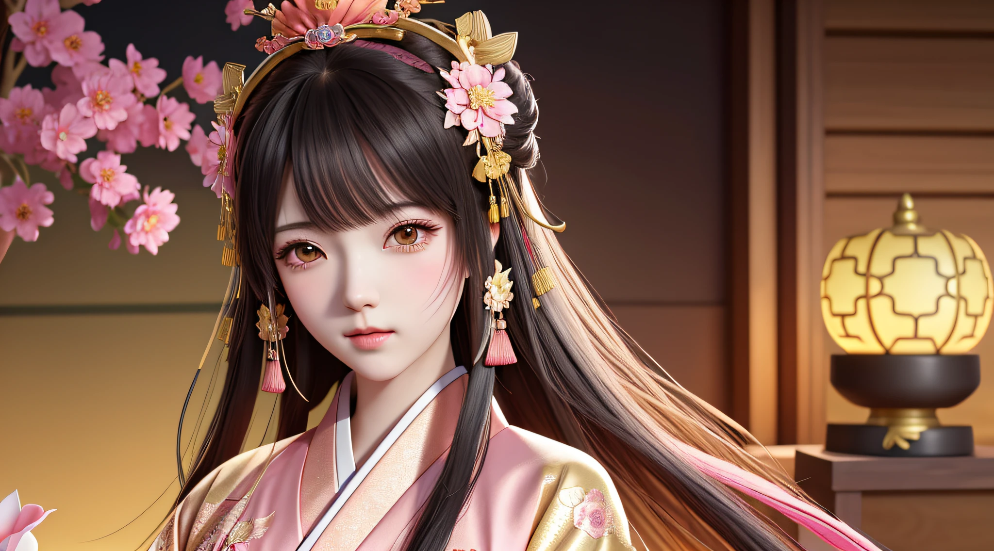 anime girl with long hair wearing a pink kimono and a gold flower crown, palace , a girl in hanfu, trending on cgstation, artwork in the style of guweiz, 8k high quality detailed art, a beautiful fantasy empress, beautiful character painting, guweiz, smooth anime cg art, beautiful digital artwork, ancient chinese princess