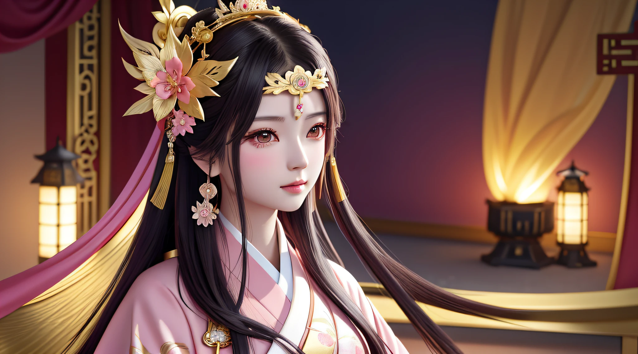 anime girl with long hair wearing a pink kimono and a gold flower crown, palace , a girl in hanfu, trending on cgstation, artwork in the style of guweiz, 8k high quality detailed art, a beautiful fantasy empress, beautiful character painting, guweiz, smooth anime cg art, beautiful digital artwork, ancient chinese princess