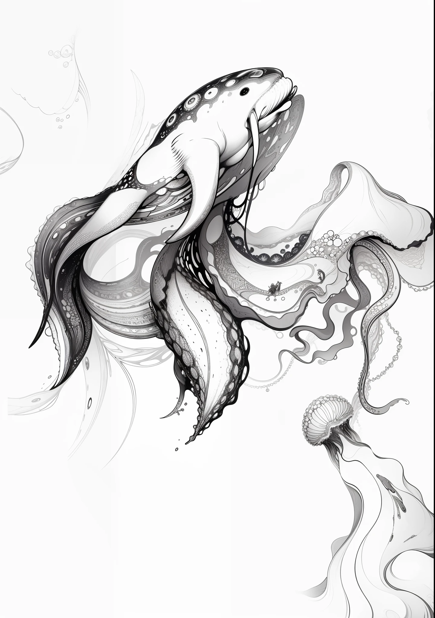 The background is the deep sea, surrounded by many sea creatures, looking up, smooth lines, large whale in the middle There is a short-haired girl who is really walking in the lower right corner, and there are many jellyfish and sea creatures next to the whale --auto --s2