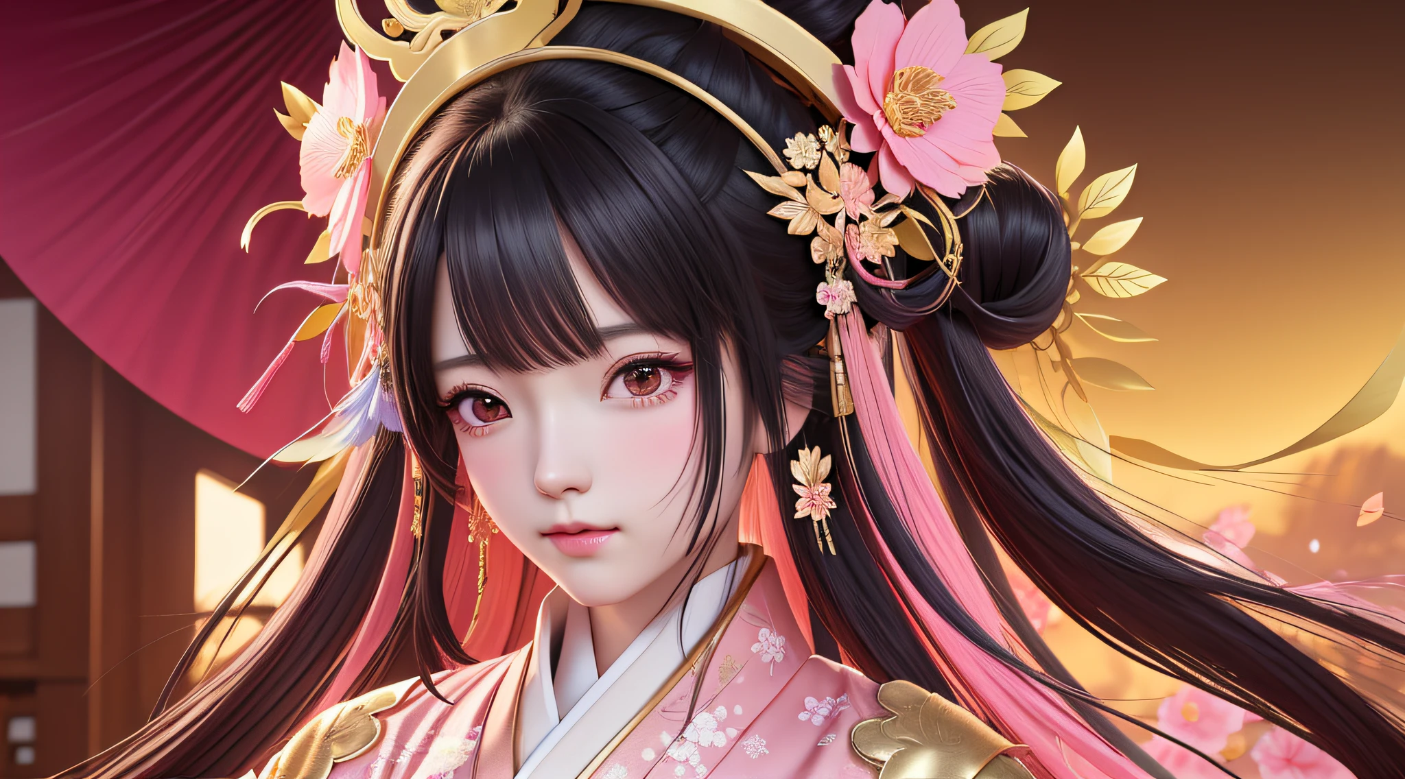 anime girl with long hair wearing a pink kimono and a gold flower crown, palace , a girl in hanfu, trending on cgstation, artwork in the style of guweiz, 8k high quality detailed art, a beautiful fantasy empress, beautiful character painting, guweiz, smooth anime cg art, beautiful digital artwork, ancient chinese princess