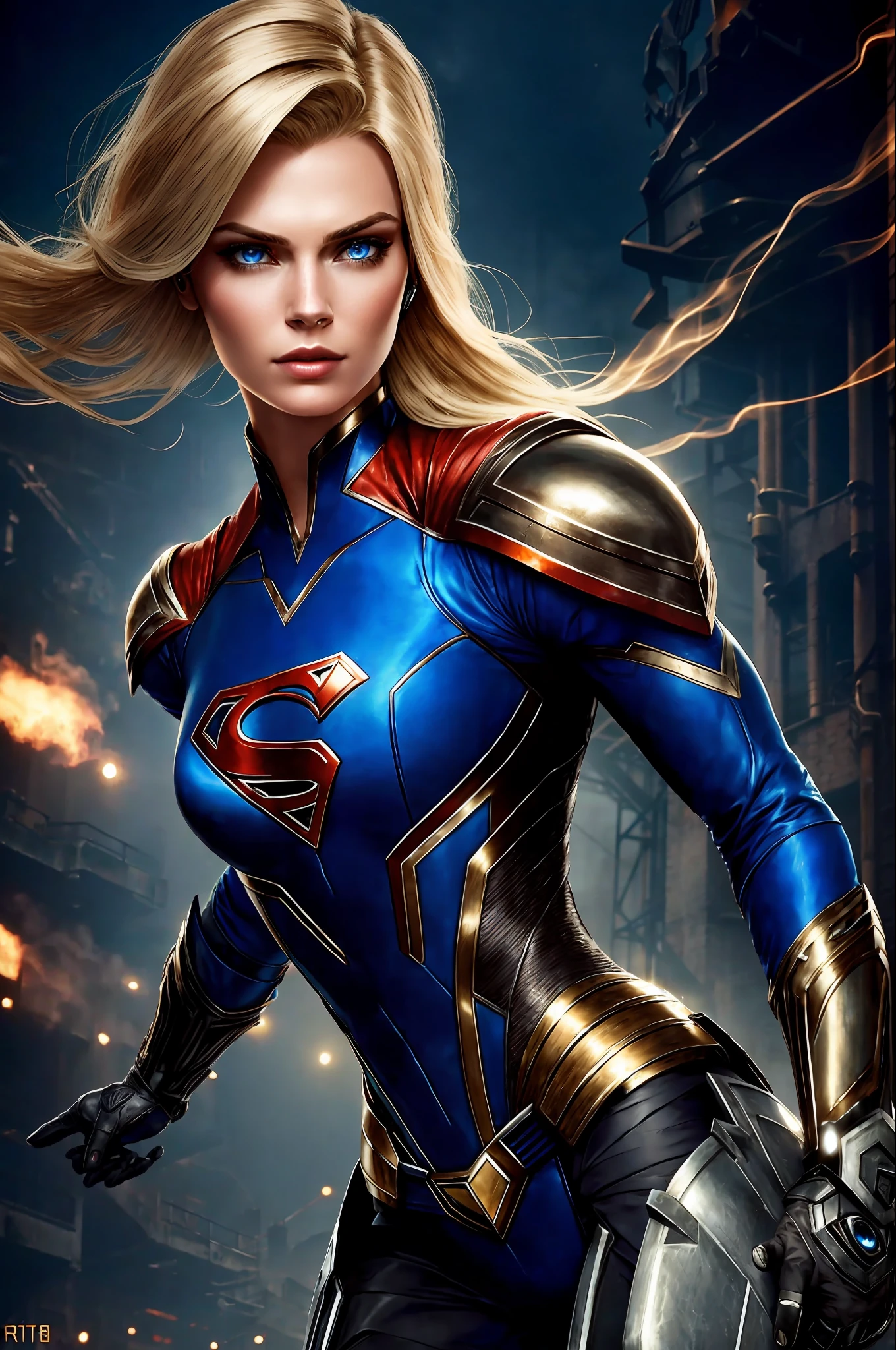 a beautiful cyborg Supergirl in the style of RustMagic, rise of cyberpunk, cyberware, cyborg, carbon fiber, chrome, implants, metal skull, cybernetic plate armor, (dark atmosphere: 1.2), (mist and smoke), (dark night: 1.3 ), scars, (shaggy blonde hair of medium length: 1.1), (shadow: 1.1), (beautifully detailed brightness: 1.2), (cinematic lighting), intricate details, highres, blue rounded eyes, detailed facial features, Sharp focus, smooth, aesthetic, detailed dark industrial factory background, elegant pose, dynamic pose, (dramapaint), (opt-6000: 0.9)
