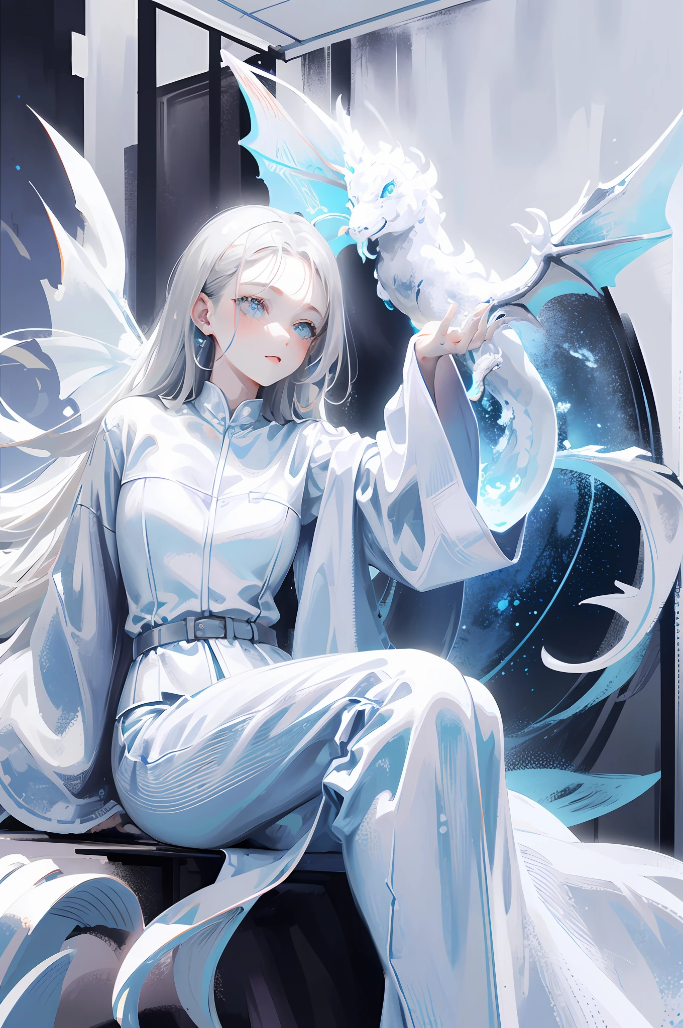 1girl, dragon girl, 🐾 🐉 🐲 ((color palette: white, white, blue, light gray silver))