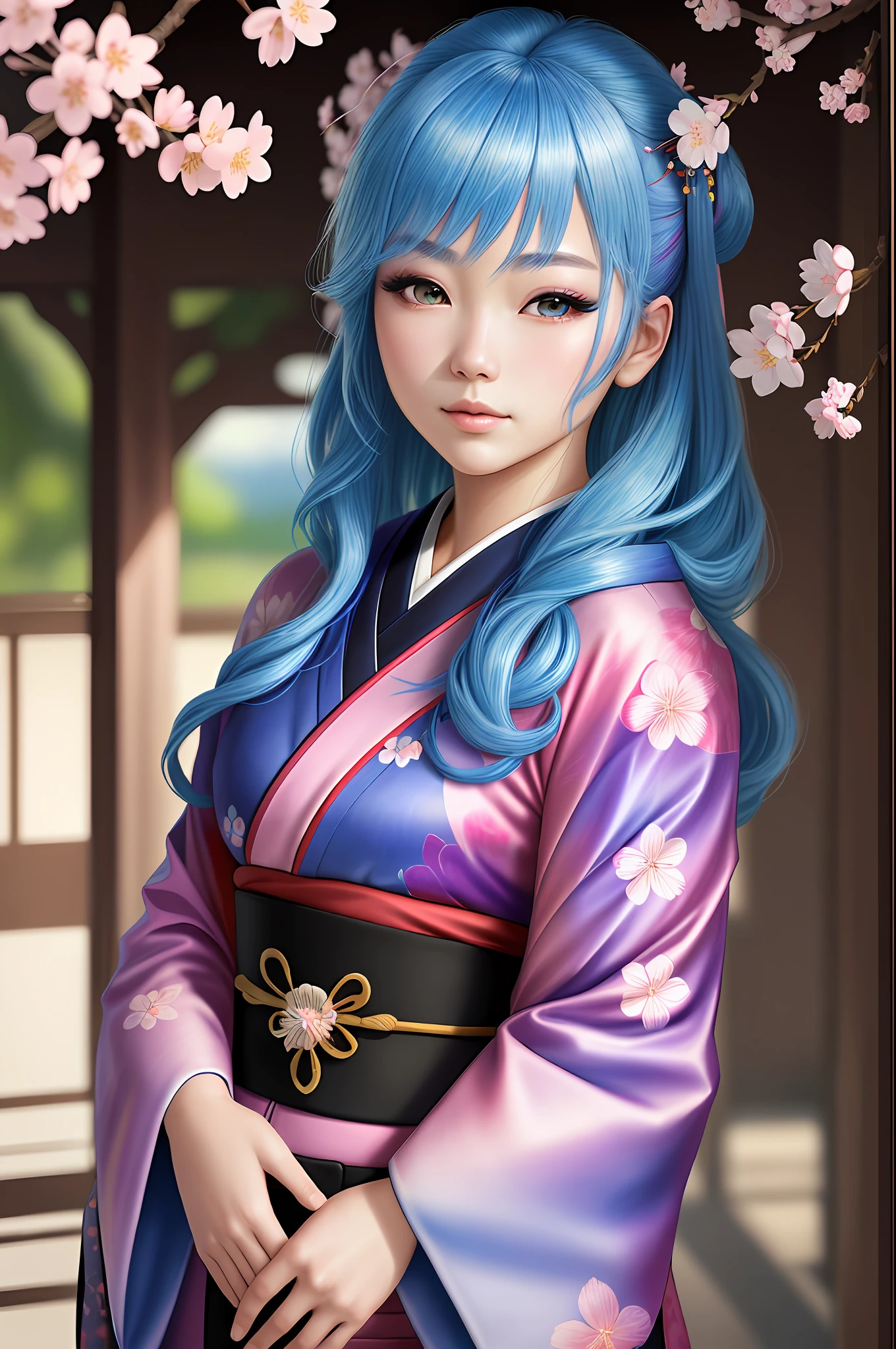 ((Realistic Drawing)), ((Perfect Character)), ((Cherry Blossom Kimono)): a stunning and hyper-detailed illustration of a Japanese girl named Aqua with beautiful blue hair, dressed in a traditional cherry blossom kimono. You can see the intricate details of the character's eye makeup and the beautifully detailed coloration and texture of her large, expressive blue eyes. The intricate details of the embroidery of the garment, as well as the hair and makeup, create a truly beautiful art. Ultra HD, with a finely rendered face. Scenic, masterpiece.