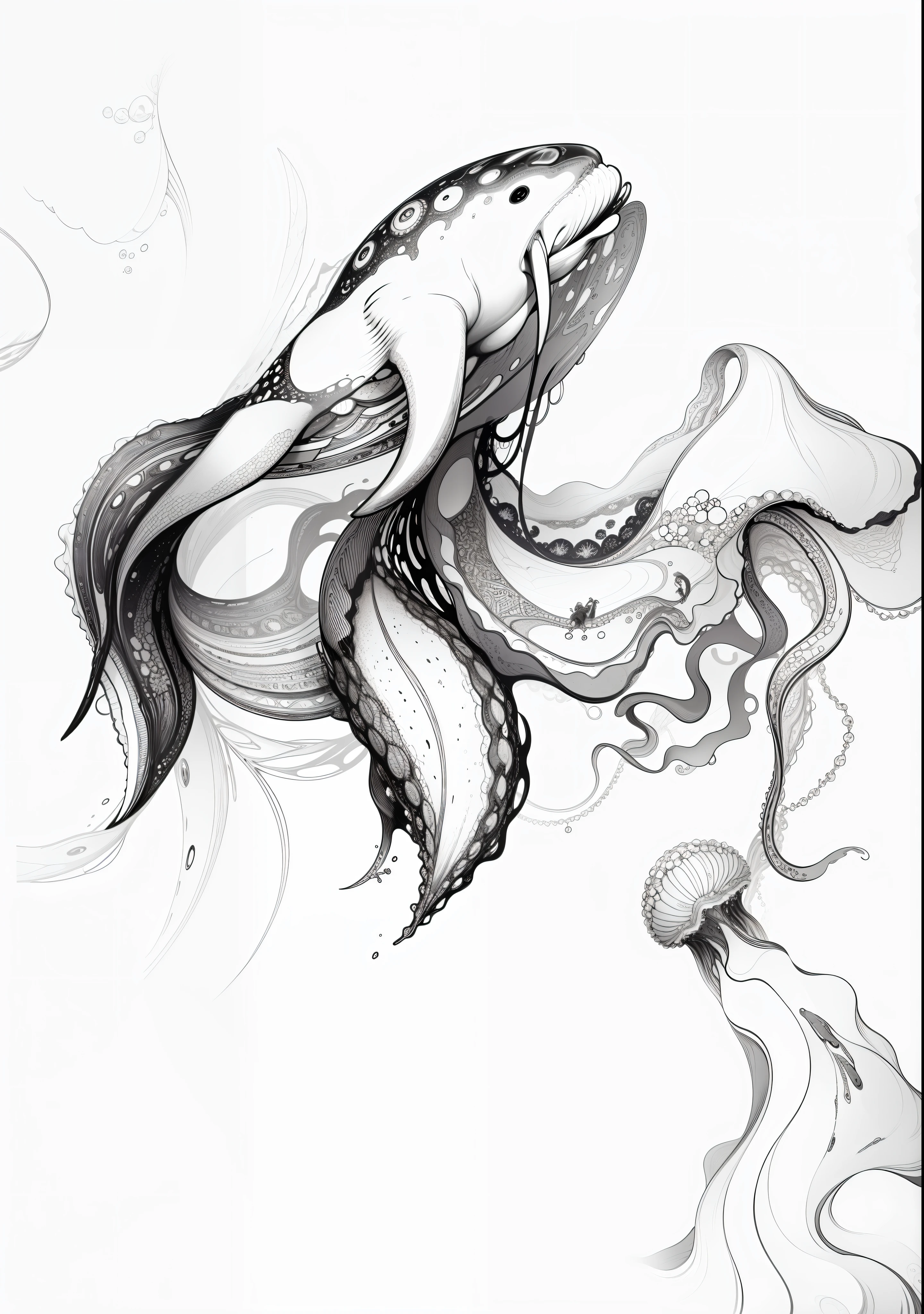 The background is the deep sea, surrounded by many sea creatures, looking up, smooth lines, large whale in the middle There is a short-haired girl who is really walking in the lower right corner, and there are many jellyfish and sea creatures next to the whale --auto --s2