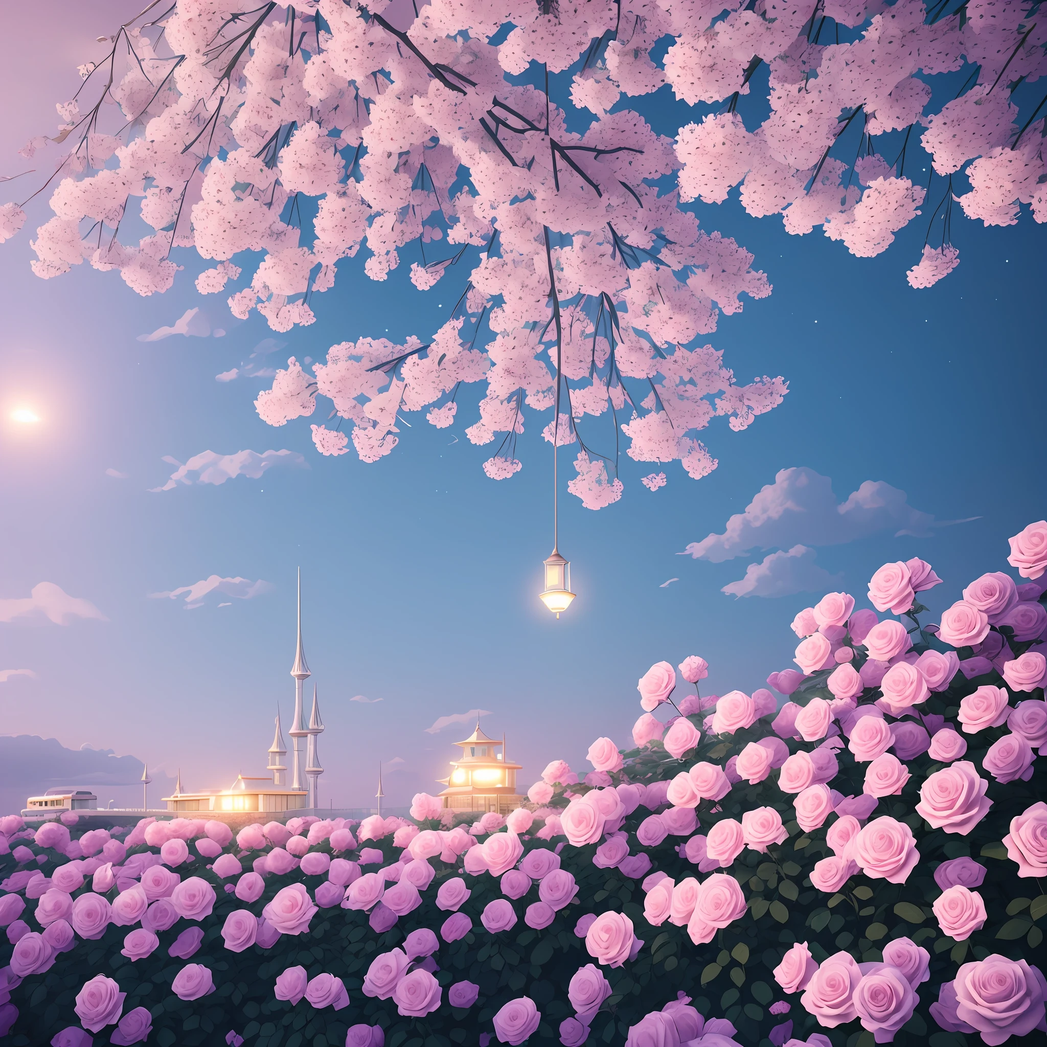 A beautiful picture depicts a train surrounded by pale pink roses. Lighting effects, on the top of the train has a lot of light blue roses, there are white clouds, the sky of soft cloud, rainbow and sunshine, hayao miyazaki painting, lifelike, fashion art, CG rendering, 8 k high definition, beautiful paradise, the 3 d effect, aesthetic illustrations, film aesthetics effect, crystal lamp, the AUV, 4 k post processing in detail, art, rendering by octane, Unreal Engine - Mass 1.5--hd --auto --s2