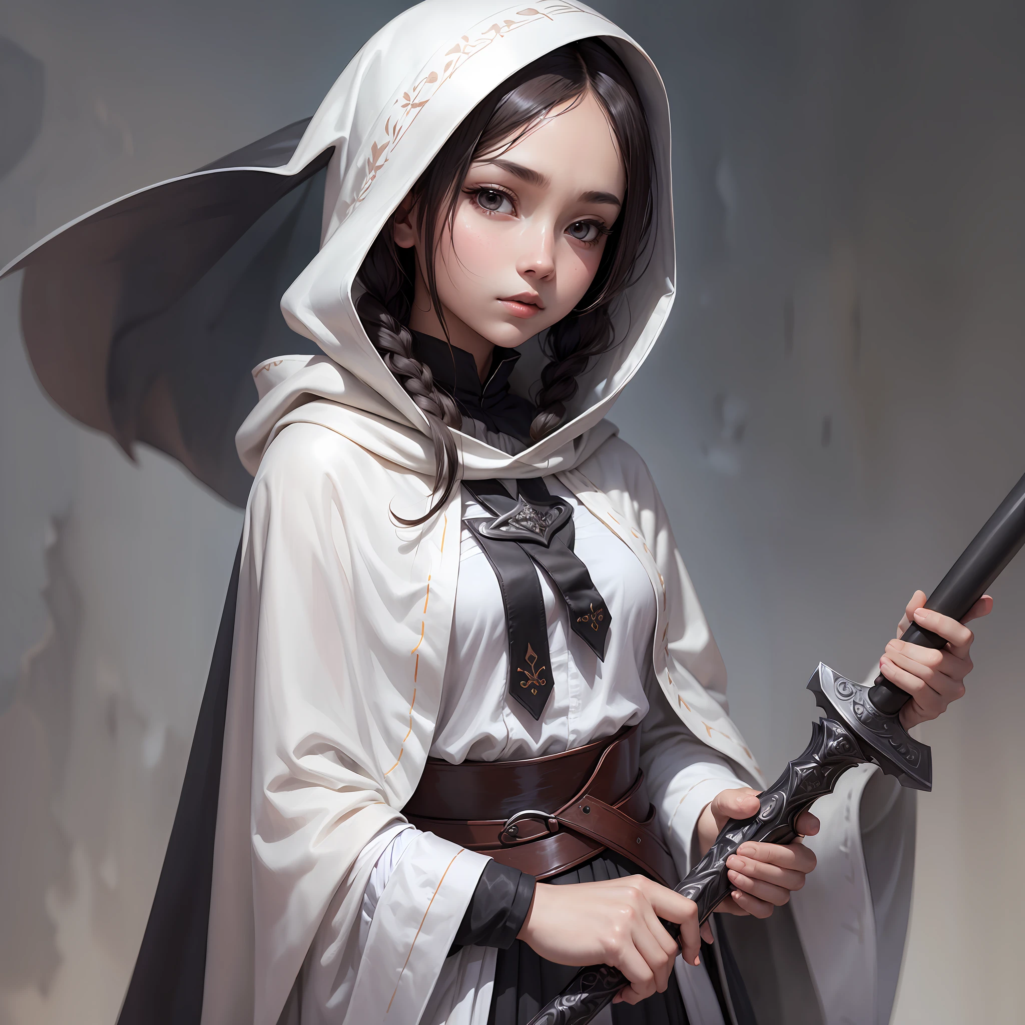 A national style girl in a white dress, wearing a cloak on her head and holding a black long sword, --auto --s2