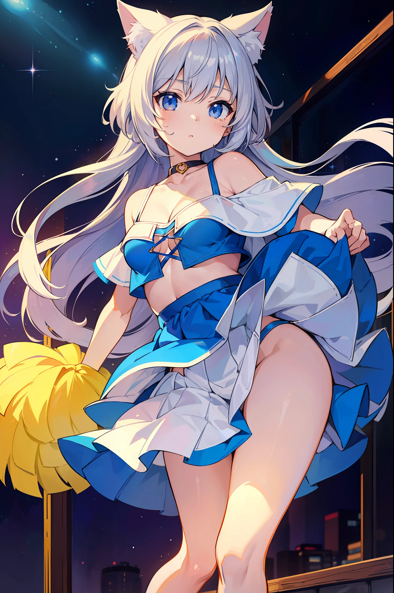 (Masterpiece), (Top Quality Anime Illustrations), (Super Definition), One Girl, Solo, Beautiful Girl with Silver Hair, Anime Loli, Cat Ears Loli, Cheerleader, Off Shoulder, Small Breasts, Cleavage Emphasis, Underboob, Tummy, Thighs