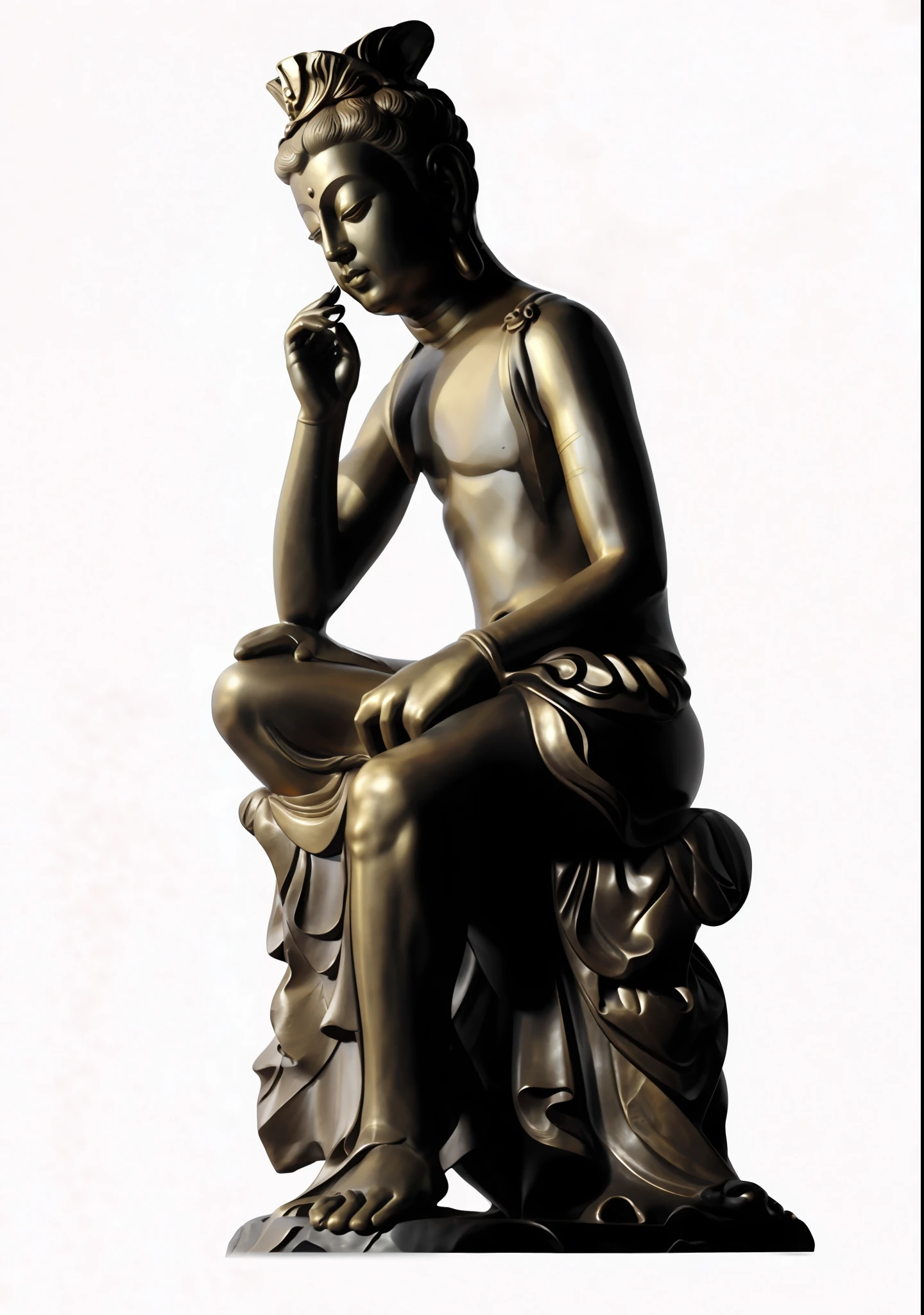 16k, super delicate, contrast, golden, full body gold, statue of man sitting on rock with bowl in hand, thinker, thinker pose, statue, wooden statue, bronze statue, sitting pose, thinking pose, statue, classical statue, bronze statue and silver, art illustration, sculpture, thinker, floating e-e sculpture, medical depiction, Buddhist art, Buddha, sitting on a chair. complex