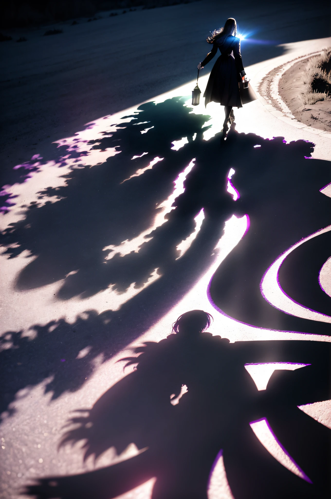 woman walking on her back down a road at night towards a city, with fog and shadows, with a backpack, wavy and long black hair, high quality, ultra-detailed, 8k, masterpiece, (volumetric lighting), black magic, fanciful, lilac colors, purple, shadows and vivids on the woman's back, magic in their hands and a moon behind, witch's chapel, WAND OF POWER, AND LIVING SHADOWS