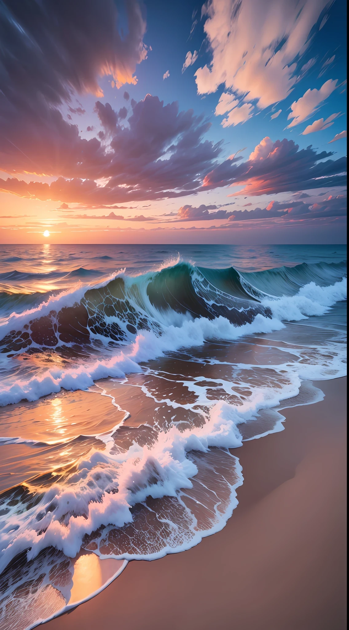 Sunset, beach, ocean, landscape, high detail, surrealist style, photographic rendering, ultra-realistic, 8K --auto --s2