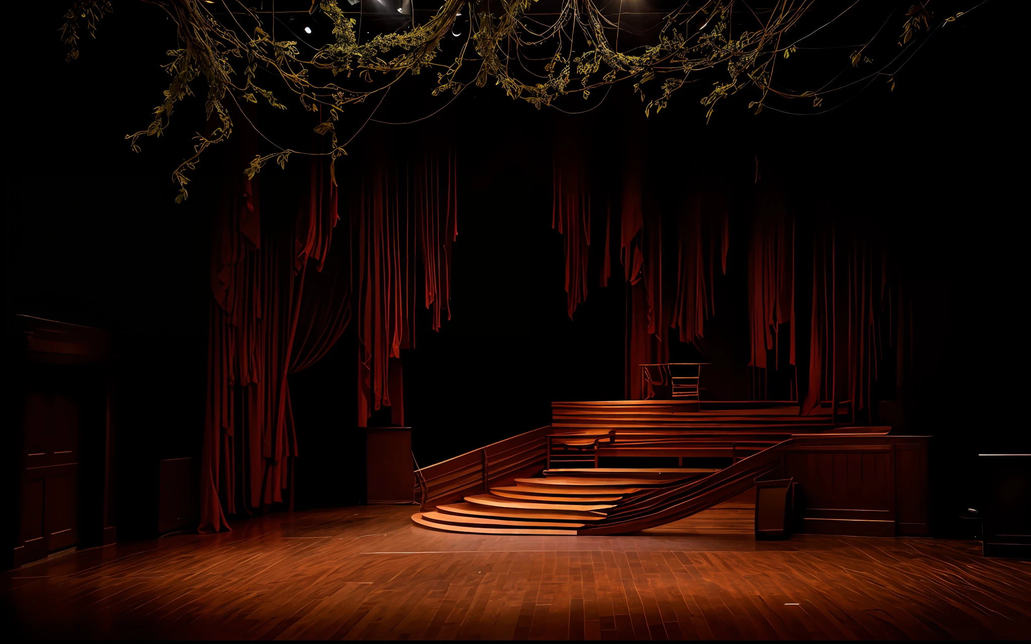 The stage is covered with vine branches
