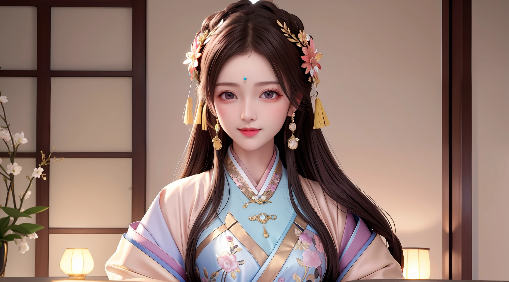 Superb Quality, Masterpiece, High Resolution, 1Girl, Blush, (Charming Smile: 0.8), Star Pupil, Chinese Hanfu, Hair Accessories, Necklace, Jewelry, Beauty, on_body, Tyndall Effect, Realism, Shadow Room, Light Edge, Two-tone Lighting, (High Detail Skin: 1.2), 8K UHD, DSLR, Soft Light, High Quality, Volume Lighting, Voyeur, Photo, High Resolution, 4K, 8K, Background Blur, Bust