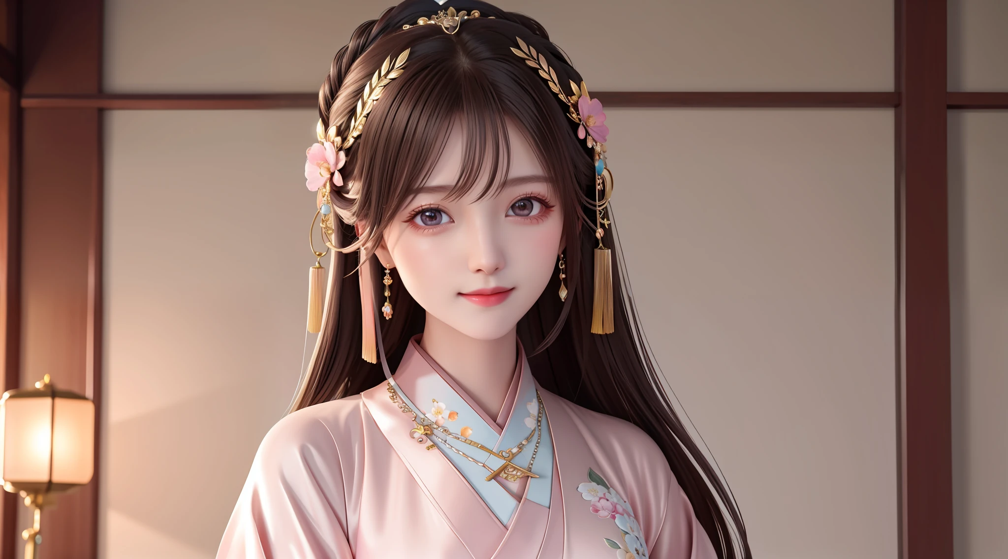 Superb Quality, Masterpiece, High Resolution, 1Girl, Blush, (Charming Smile: 0.8), Star Pupil, Chinese Hanfu, Hair Accessories, Necklace, Jewelry, Beauty, on_body, Tyndall Effect, Realism, Shadow Room, Light Edge, Two-tone Lighting, (High Detail Skin: 1.2), 8K UHD, DSLR, Soft Light, High Quality, Volume Lighting, Voyeur, Photo, High Resolution, 4K, 8K, Background Blur, Bust