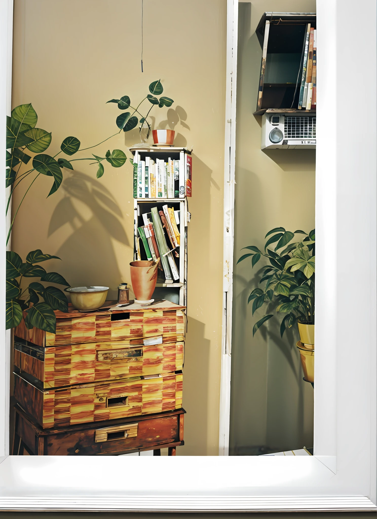 There is a plant in a vase on the shelf in the room, magazine photo from 2007, magazine page, magazine fragment, magazine collage, magazine scan, page scan in book, shot with Pentax K1000, home and garden magazine, cigarette box on table, Reiner Maria Latzk, magazine, 8k, hyperrealism, realism