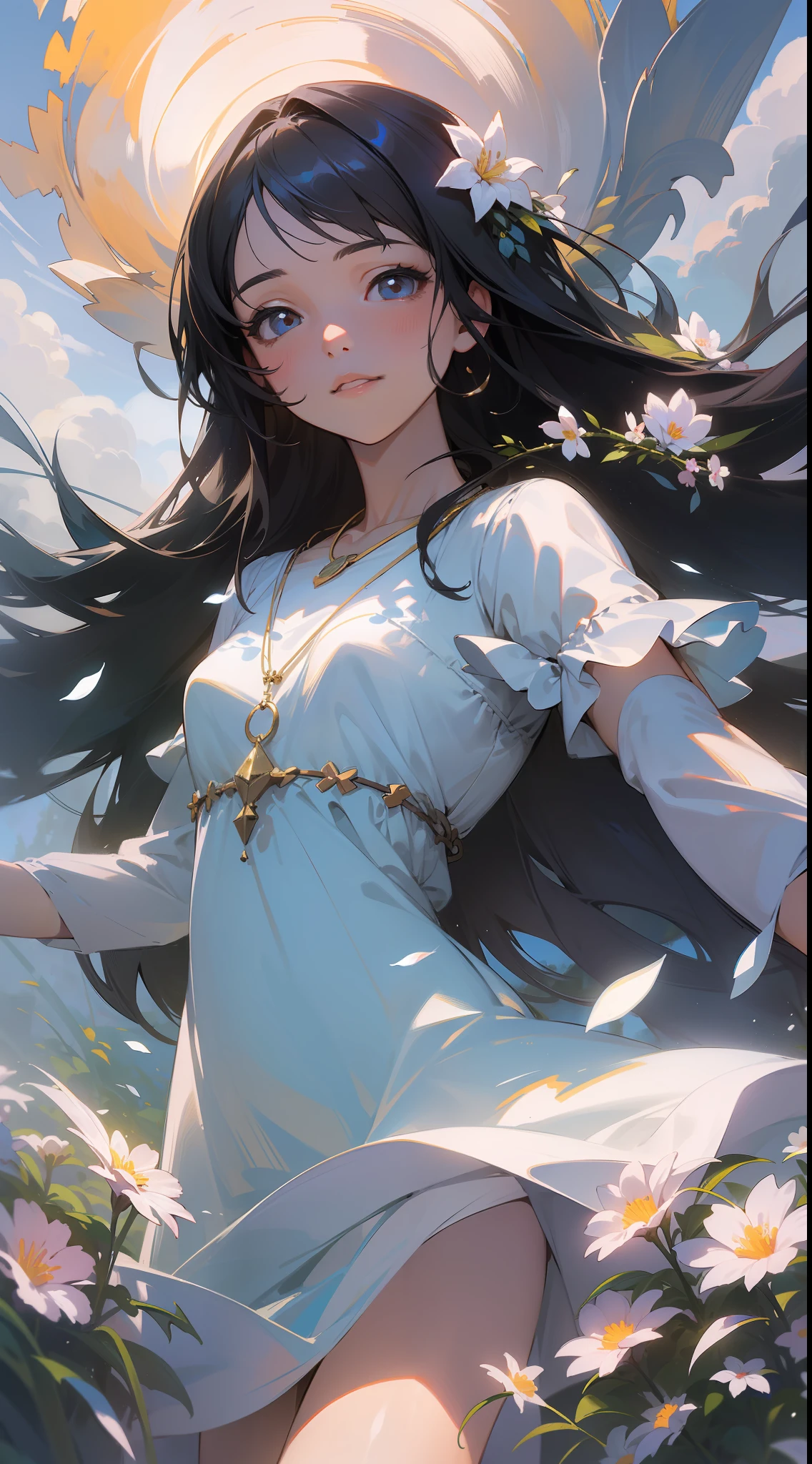 ((SFW)),Masterpiece, High Quality, ((Photoreal))), Cinematic Direction, (High Contrast), Depth of Field, (Award-winning Difference Photo), Face Details, Detailed Drawing, There is a place in the forest where flowers bloom, Girl dancing in a snow-white summer dress in that flower field, Girl is 11 years old, Very long hair with black hair, Summer sky, Summer clouds, Summer dazzling sunlight, Flower garden, Girl with open arms, necklace,