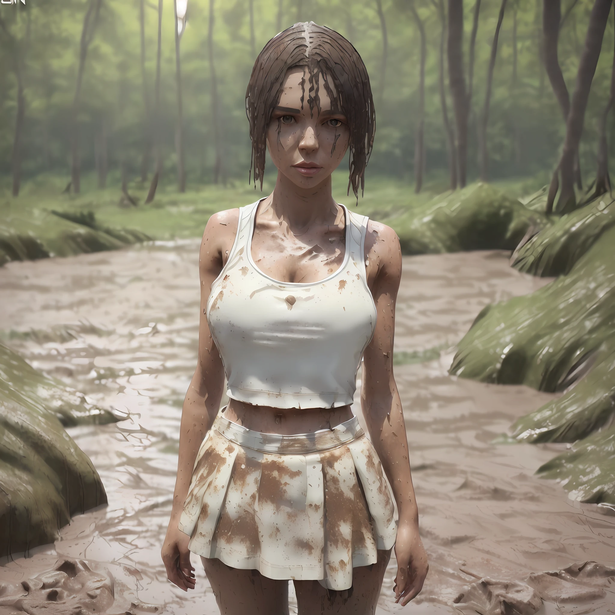 a beautiful woman standing by a lake, ((skin covered with mud)), (((wounds on the face)), (((white muddy tank top and skirt)), ((tank top and skirt are torn))), ((muddy legs)), (masterpiece:1.2) (photorealistic:1.2) (best quality) (intricate details) (8K) (High Poly) (ray tracing) (cinema lighting) (sharp focus) (detailed face), (whole body), (long legs) --auto --s2