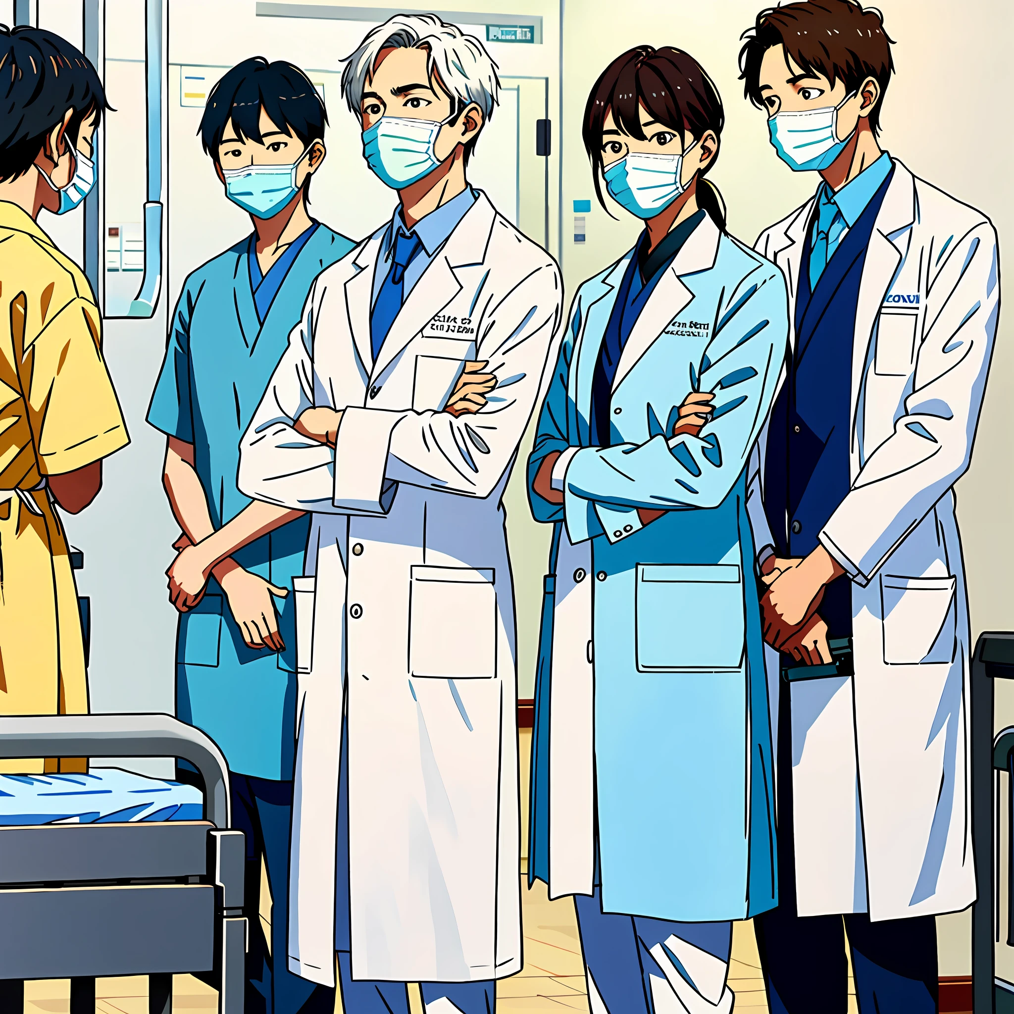 A group of doctors stand in front of the hospital bed