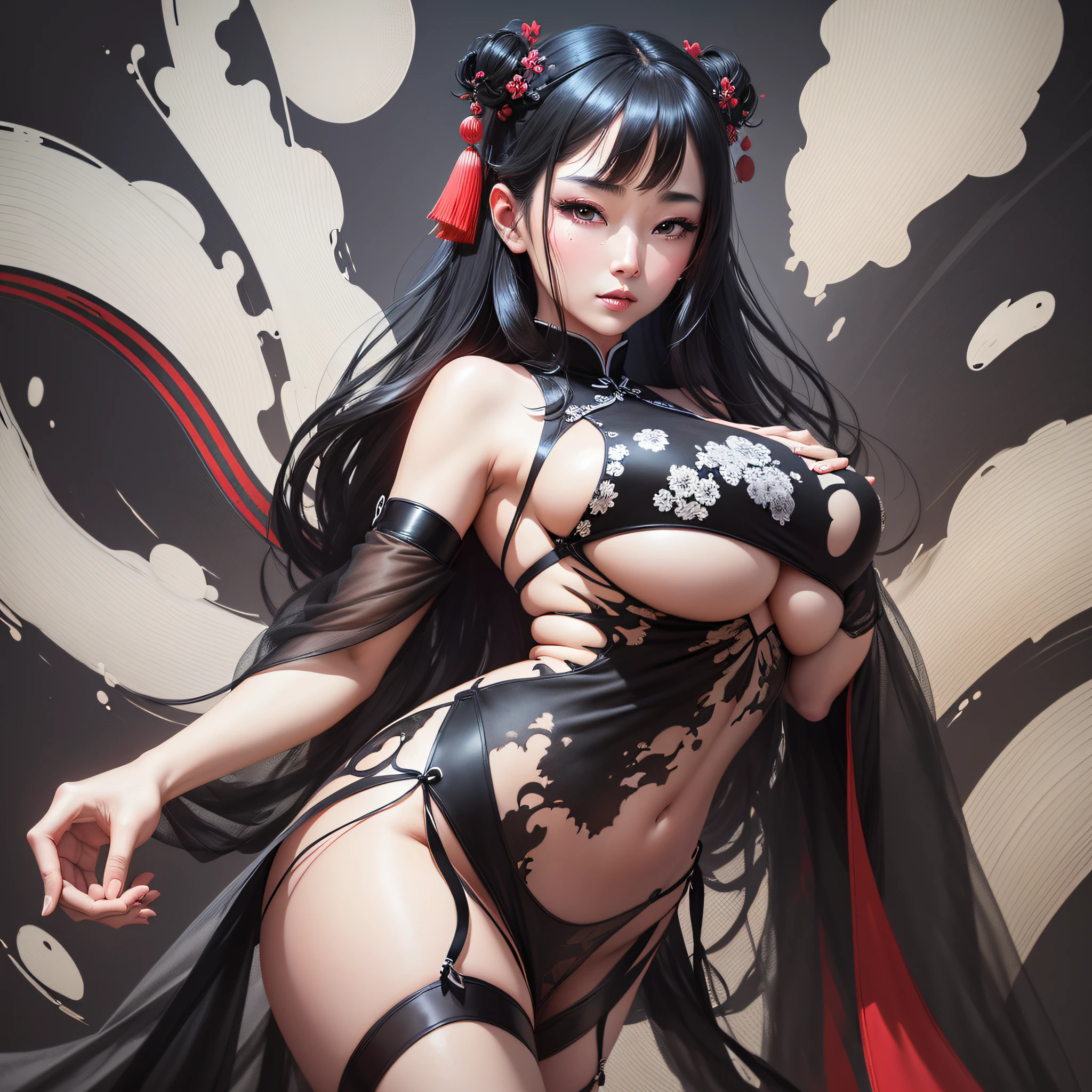 Ancient Chinese beauty, dressed in sexy split cheongsam, big boobs, big ass, long legs, torn black stockings, flowing tulle, light silk, lazy figure, willow, willow, ink painting style, clear face, clean color, decisive cut, white space, black and white color matching, freehand, masterpiece, super detailed, epic composition, high quality, highest quality, 4k --auto --v 6 --s2
