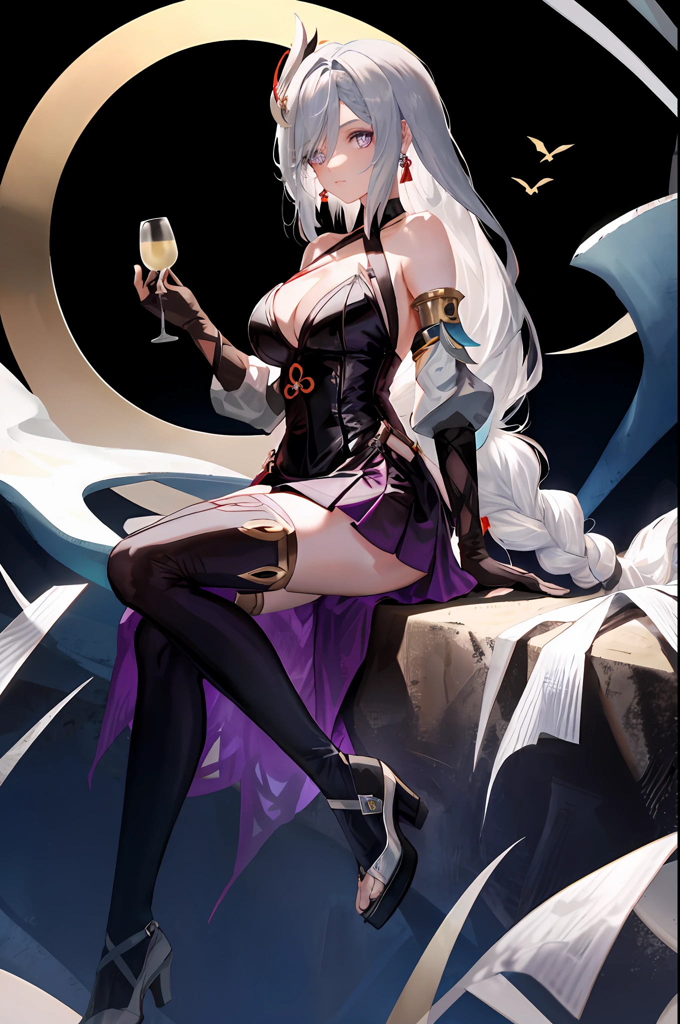 Shenhe, genshin impact, 1girl, alcohol, alternate costume, armlet, bare shoulders, black background, black dress, black gloves, black thighhighs, breasts, cleavage, criss-cross halter, cup, dress, drinking glass, flower, gloves, gradient background, hair between eyes, hair ornament, halterneck, holding, holding cup, large breasts, long hair, braid hair, looking at viewer, silver hair, silver short nails, see-through gloves, solo, thighhighs, thighs, wine, wine glass, ((masterpiece)) pleated purple skirt, sitting,