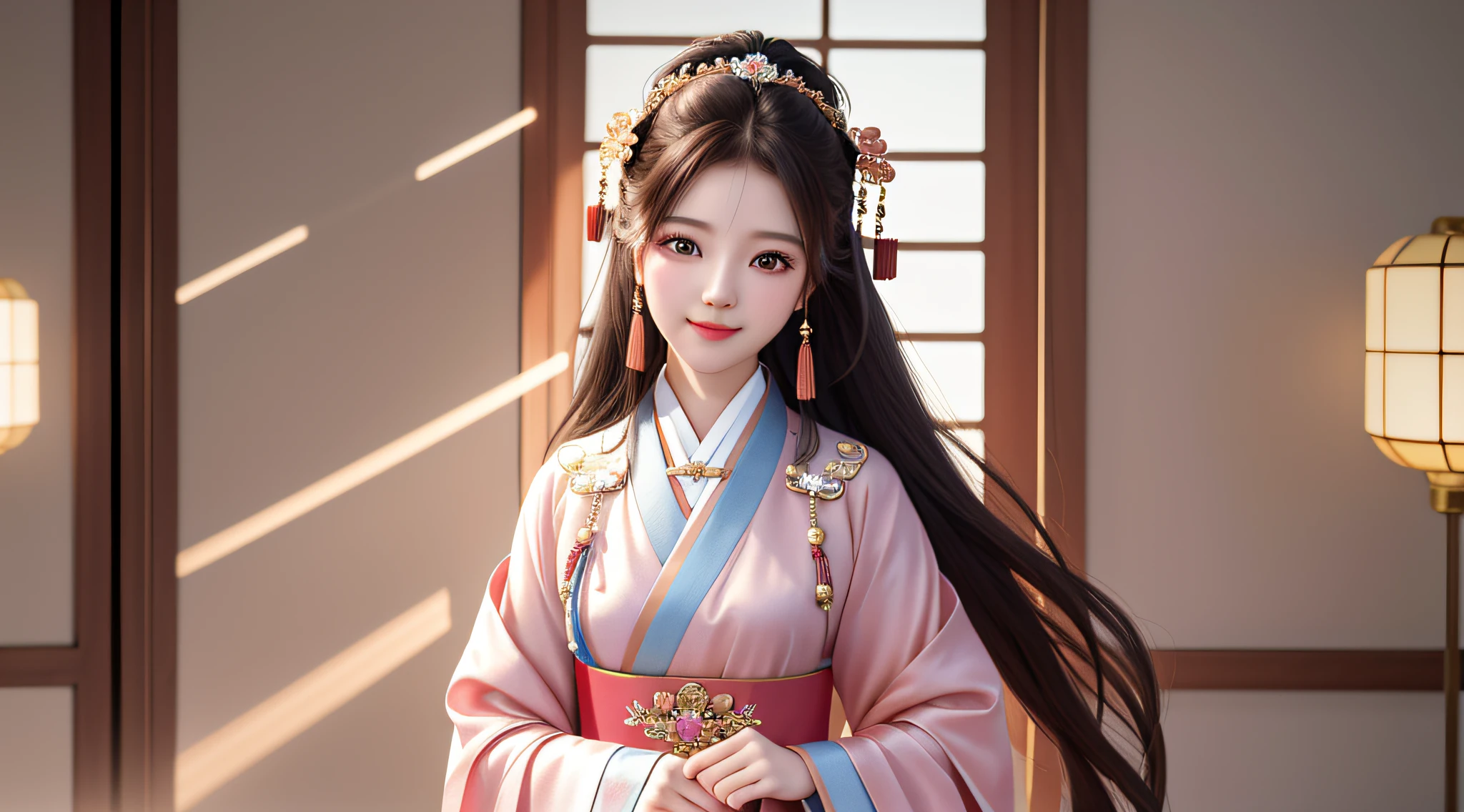 Superb Quality, Masterpiece, High Resolution, 1girl, Blush, (Charming Smile: 0.8), Star Pupil, Chinese Hanfu, Hair Accessories, Necklace, Jewelry, Beauty, on_body, Tyndall Effect, Realism, Shadow Room, Light Edge, Two-tone Lighting, (High Detail Skin: 1.2), 8K UHD, SLR, Soft Light, High Quality, Volume Lighting, Candid Photo, High Resolution, 4K, 8K, Background Blur, Full Body