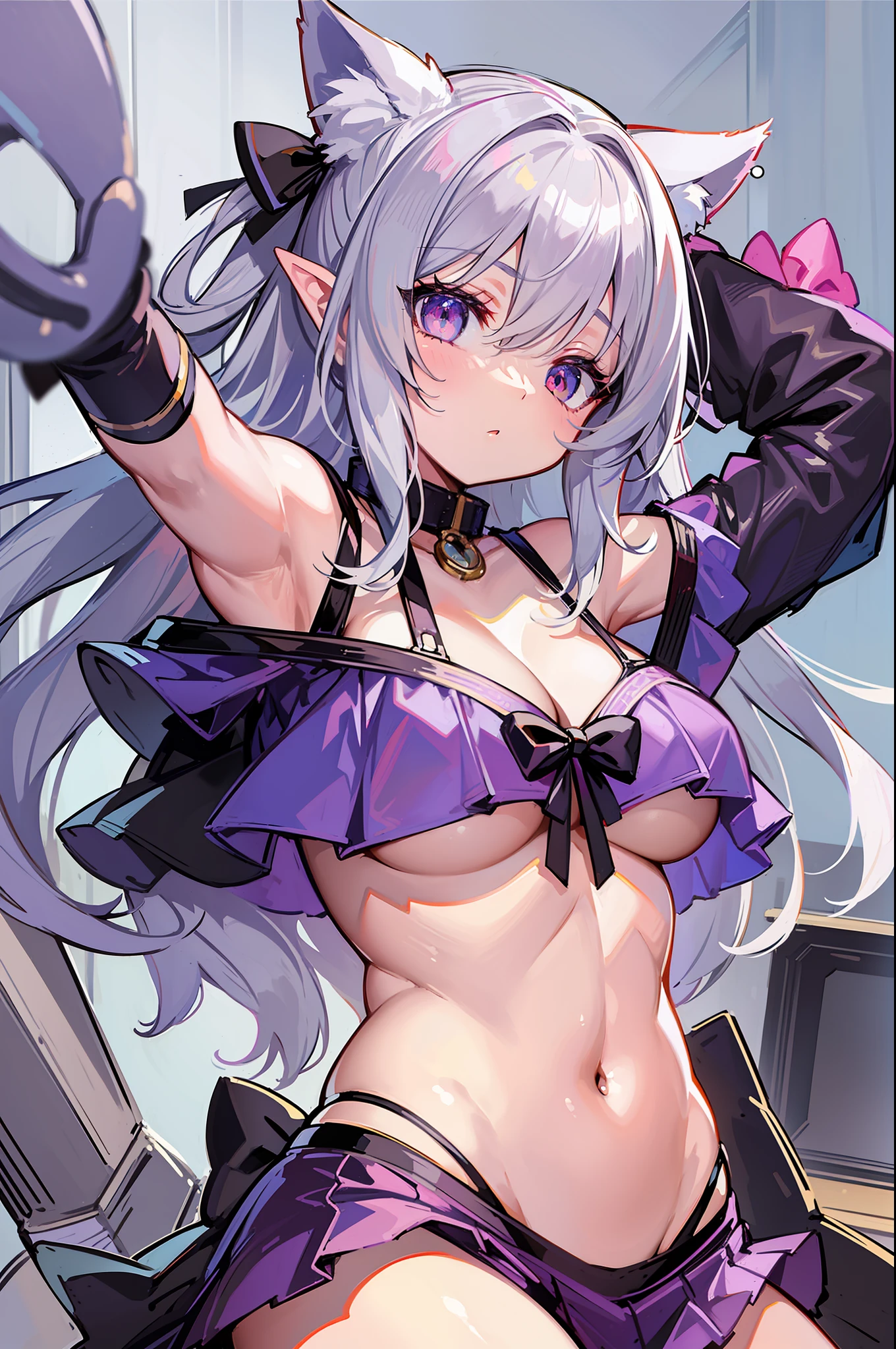 (Masterpiece), (Top Quality Anime Illustrations), (Super Definition), One Girl, Solo, Beautiful Girl with Silver Hair, Anime , Cat Ears Lolieerleader, Off Shoulder, Small Breasts, Cleavage Emphasis, Underboob, Tummy, Thighs