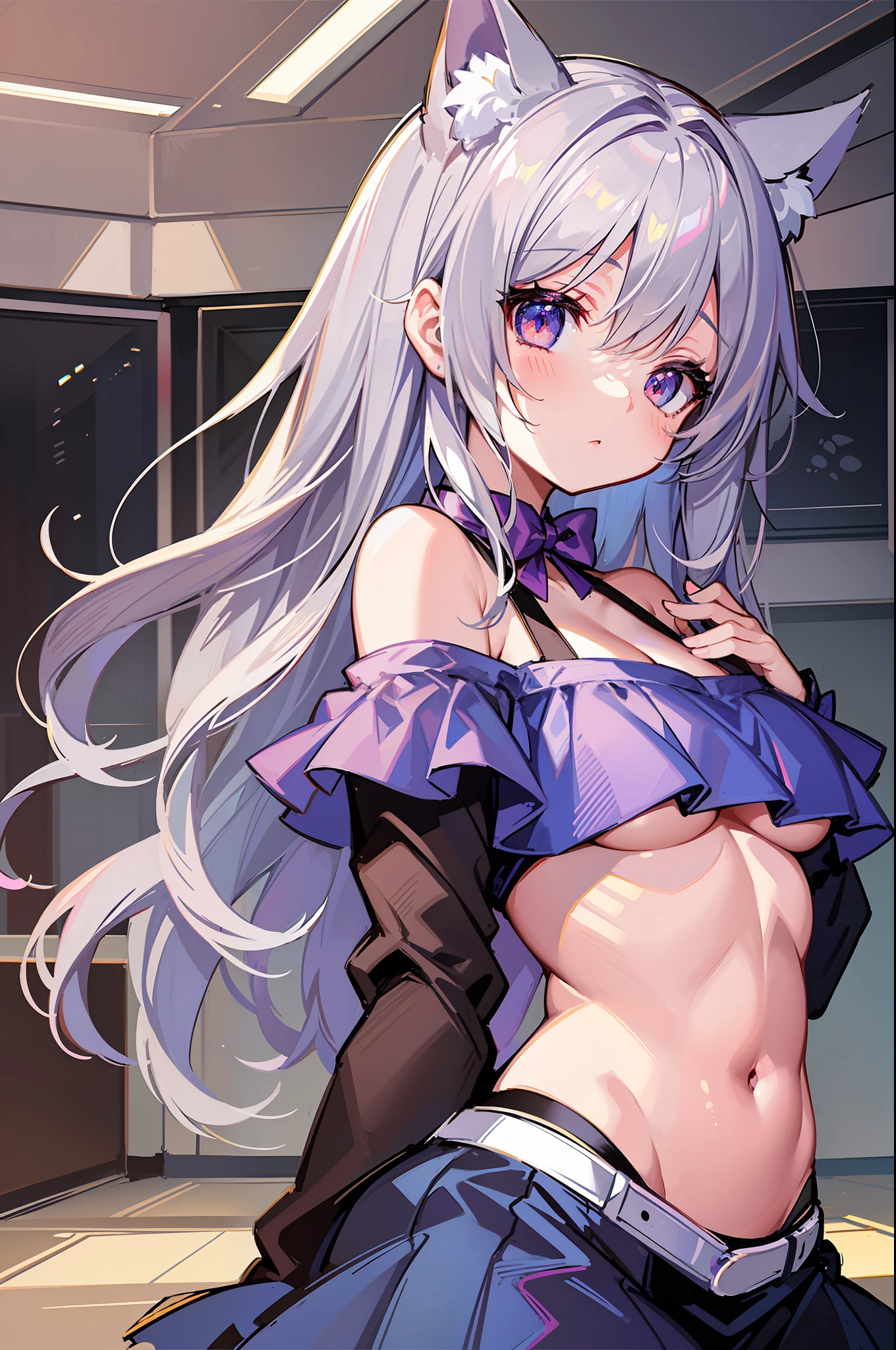 (Masterpiece), (Top Quality Anime Illustrations), (Super Definition), One Girl, Solo, Beautiful Girl with Silver Hair, Anime Loli, Cat Ears Loli, Cheerleader, Off Shoulder, Small Breasts, Cleavage Emphasis, Underboob, Tummy, Thighs