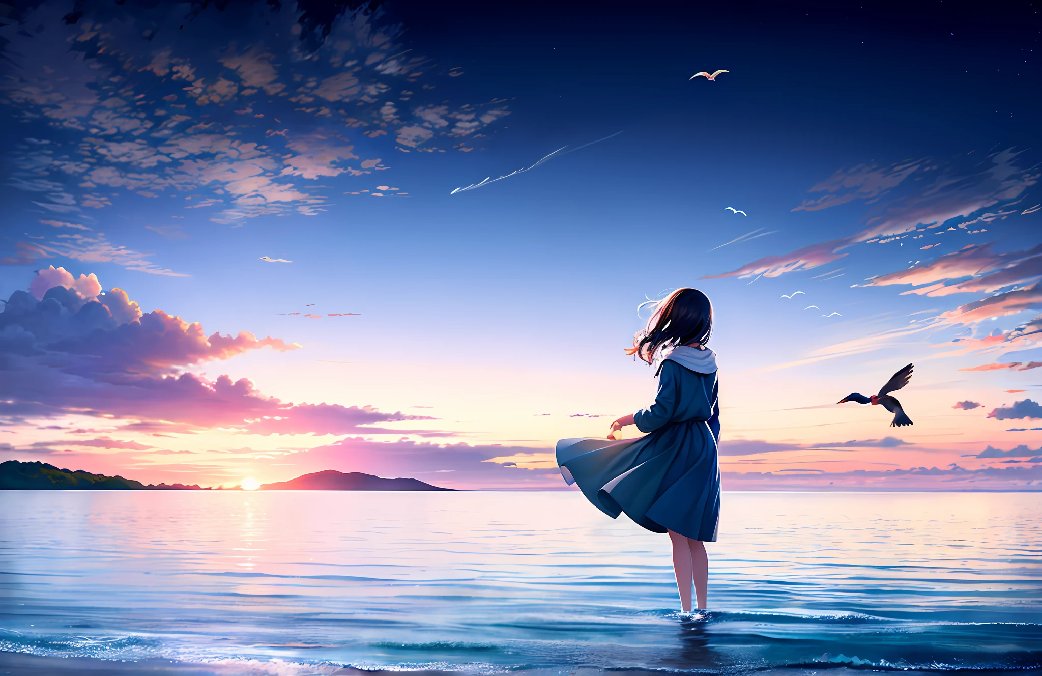 Best quality, masterpiece, very detailed, detailed background anime girl standing in the ocean, birds flying around, anime girl walking on water, anime beautiful peace scene