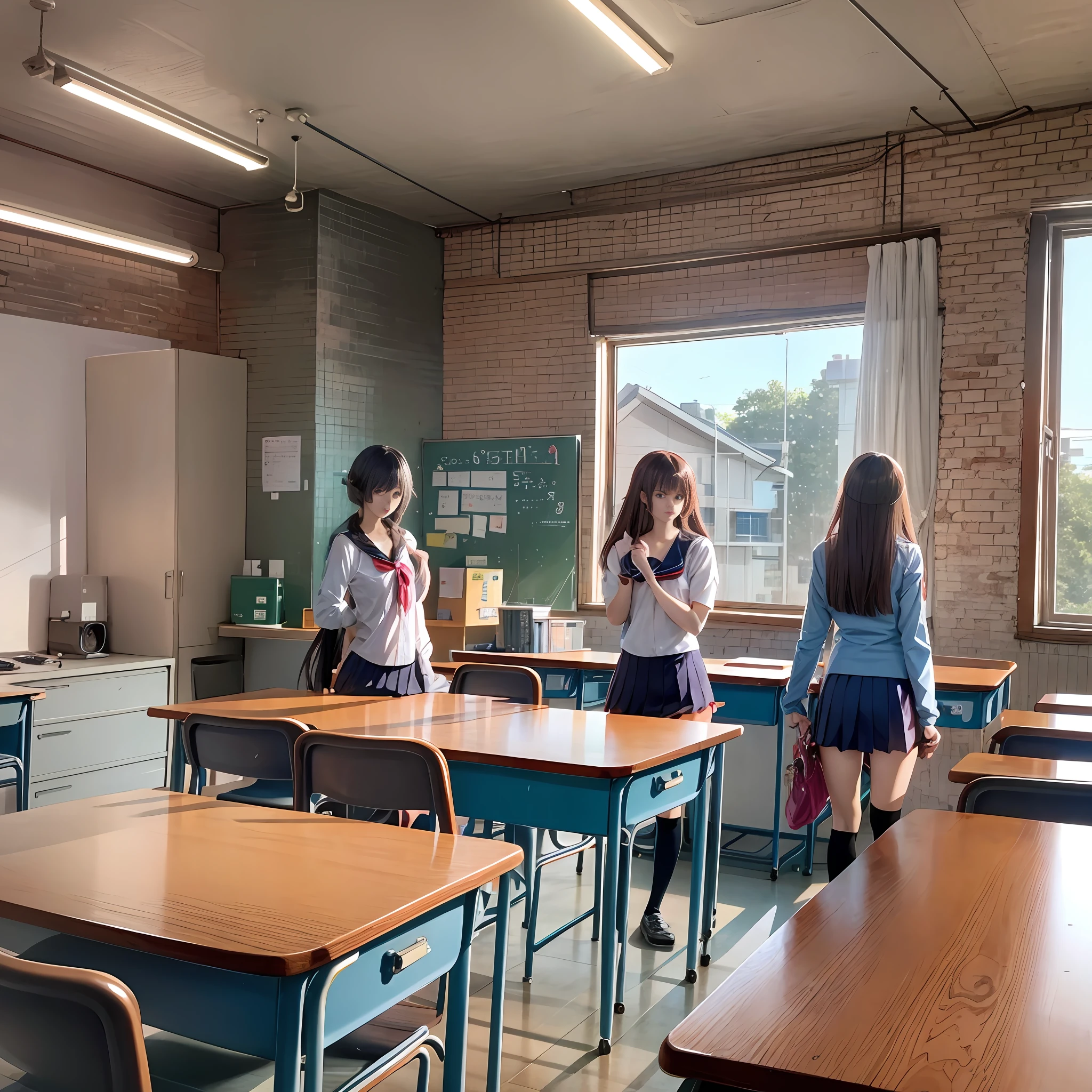 A group of anime girls stood in the classroom and moved their desks away first